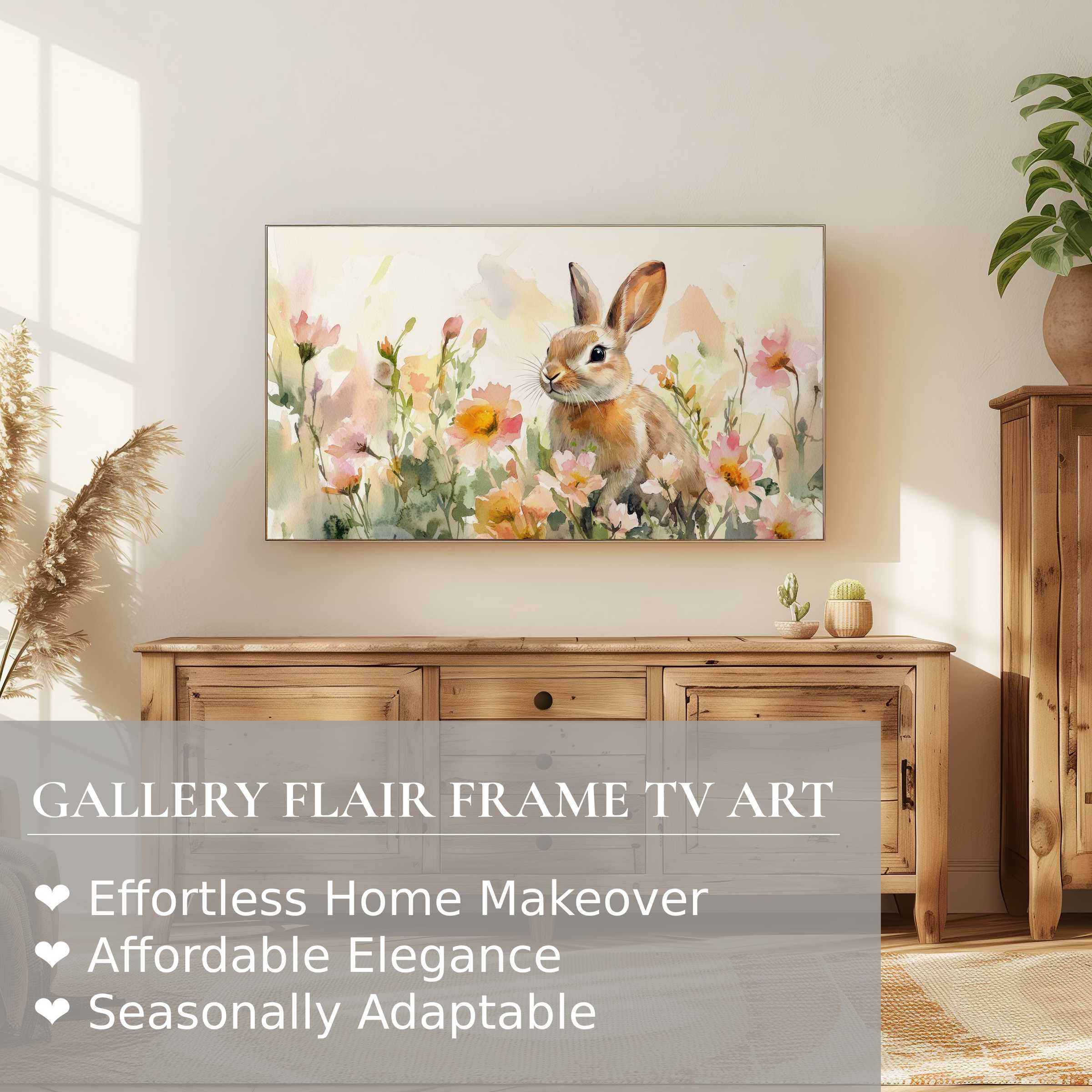 Samsung Frame TV displaying elegant easter digital artwork of a watercolor bunny in a soft floral setting