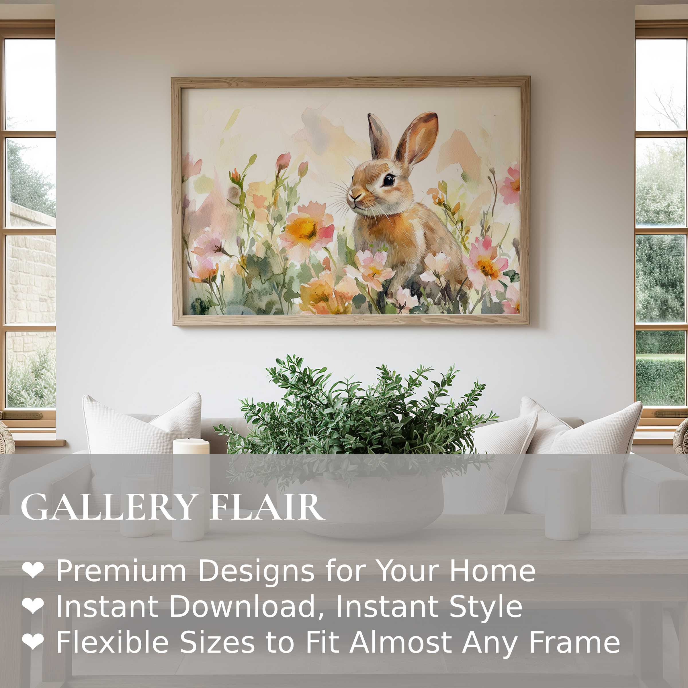 Radiant easter wall art print featuring a charming watercolor bunny and soft florals, elevating modern farmhouse living spaces