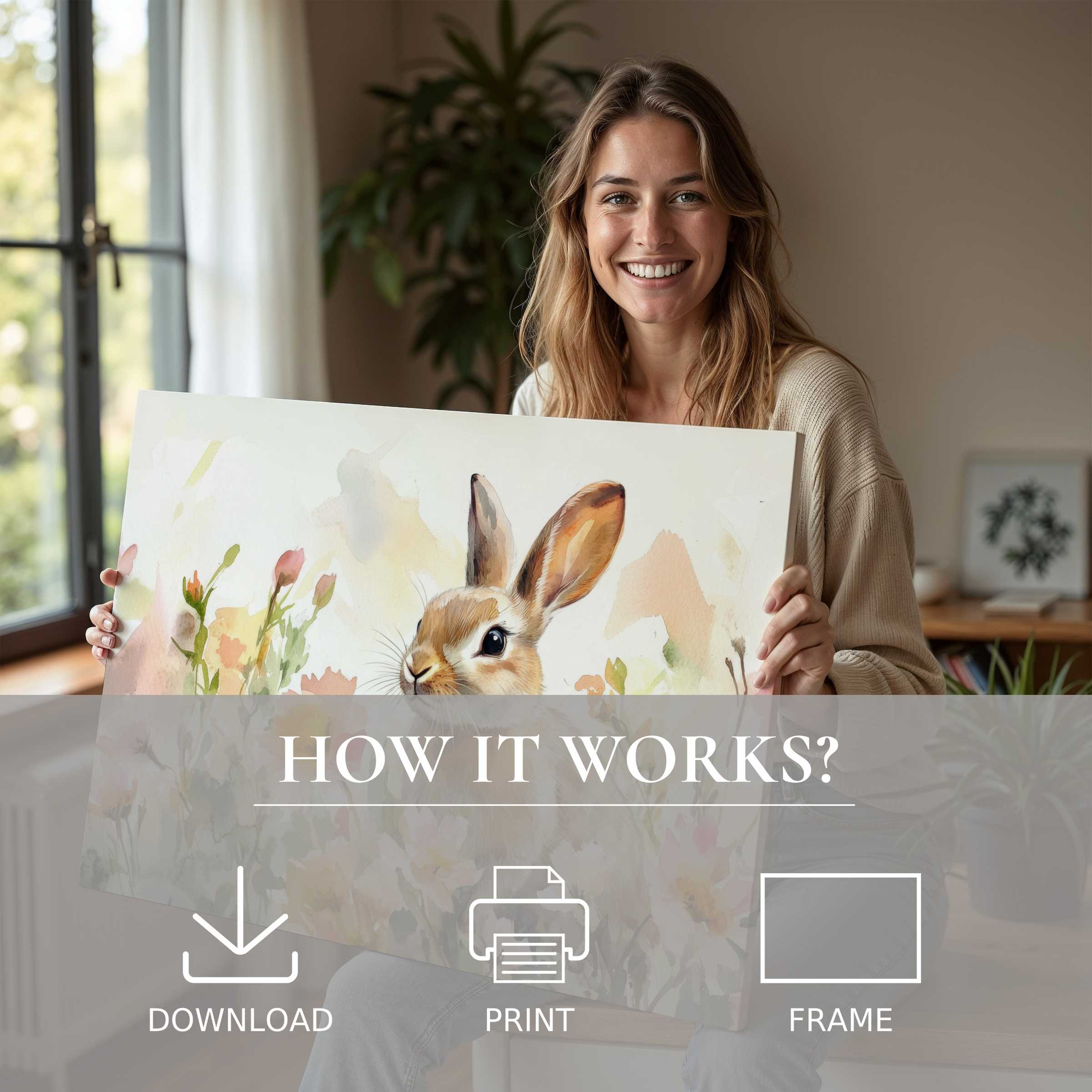 A radiant woman in a serene modern home embraces an easter digital art print, capturing joyful connection and effortless elegance
