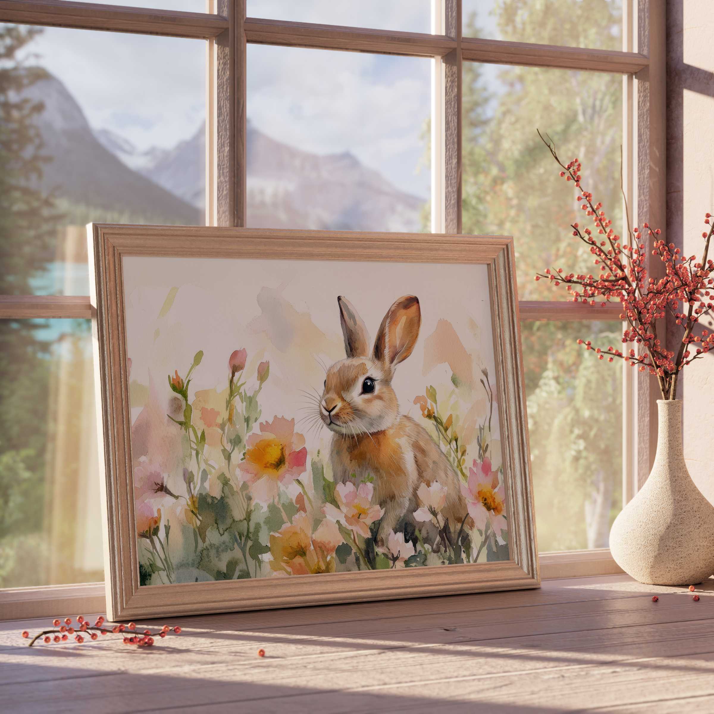 Easter downloadable art featuring a serene watercolor bunny amidst soft spring blooms, perfect for curated, tranquil interiors