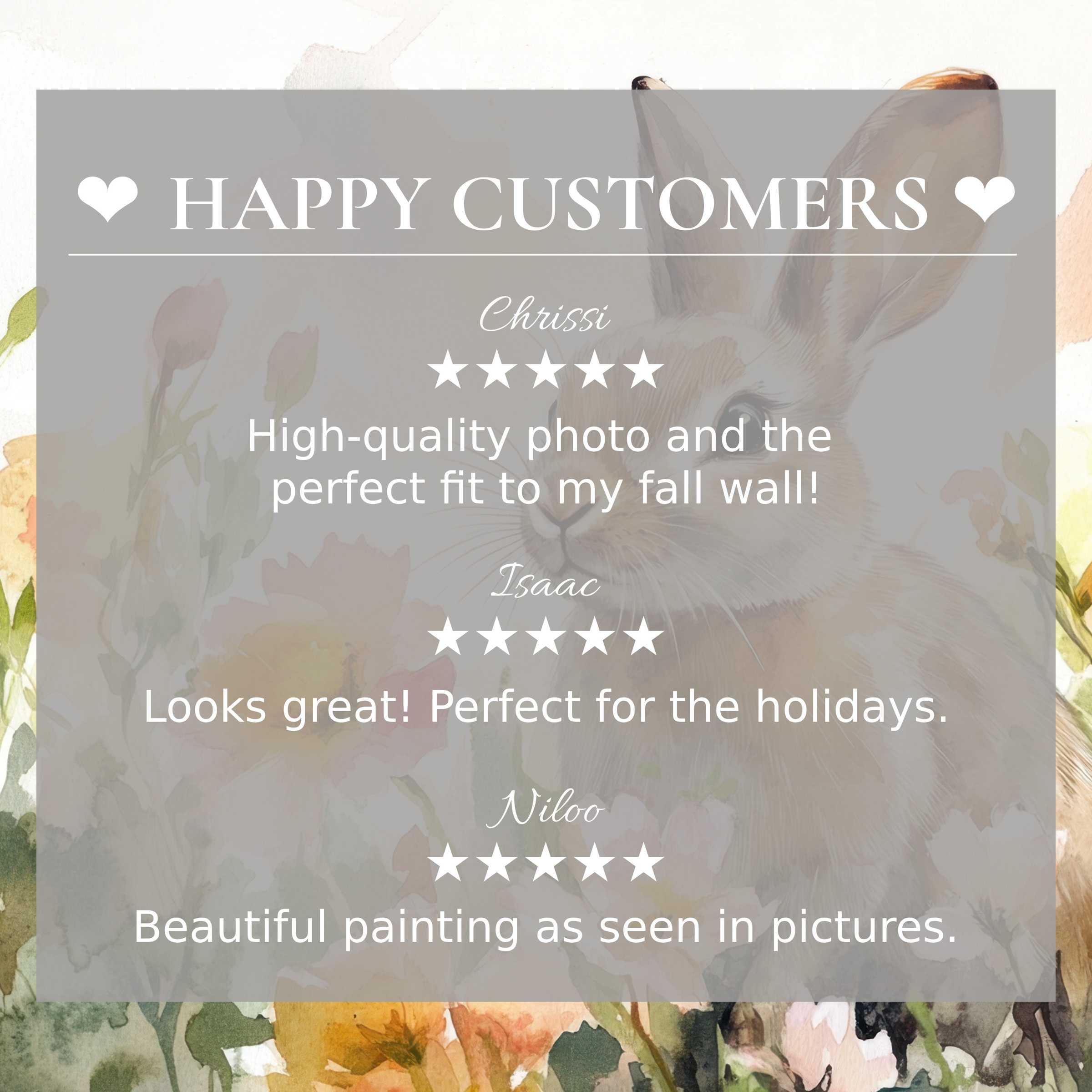 Elegant easter art for Frame TV with soft watercolor florals and a rabbit, highlighting happy customer reviews