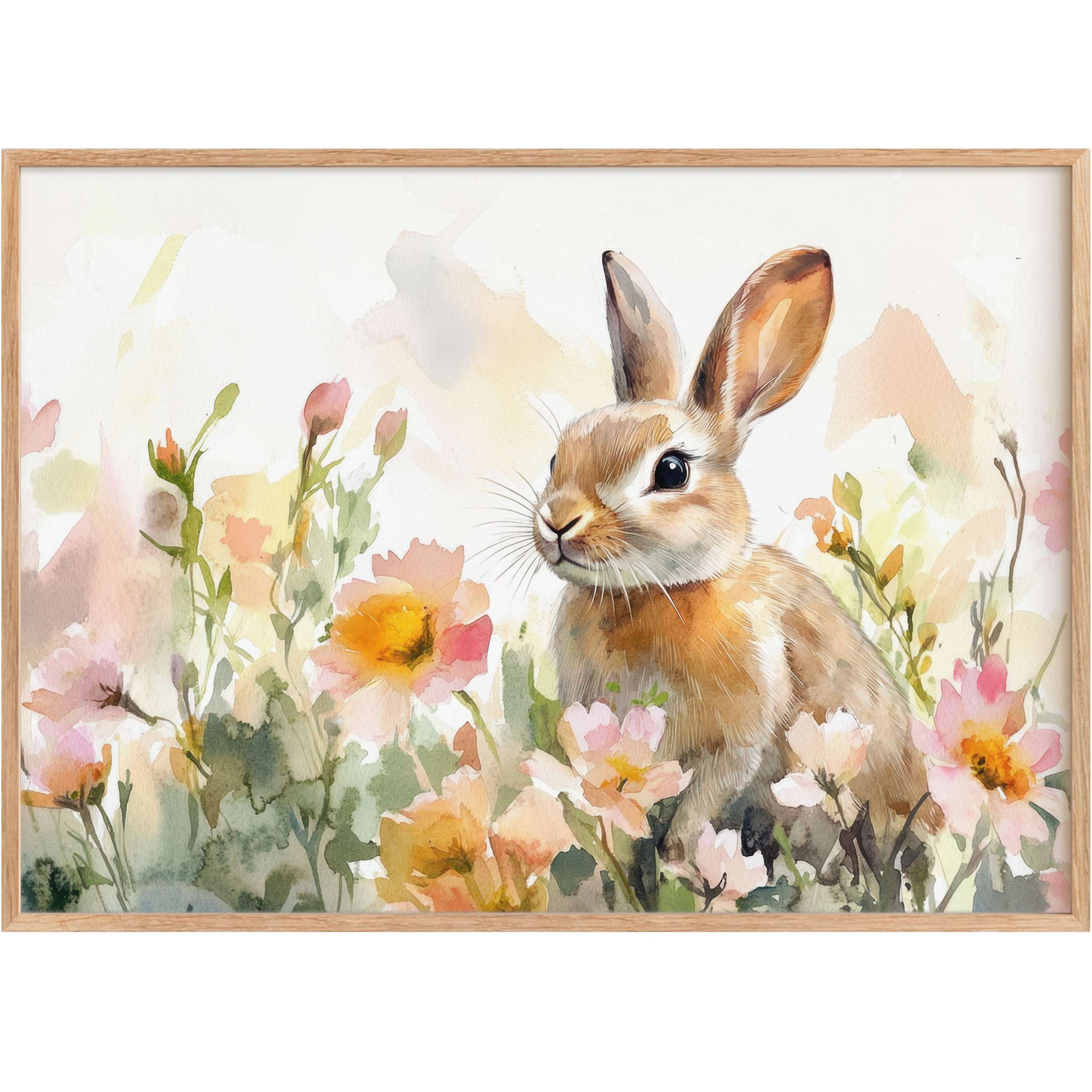 Charming Easter printable wall art featuring a soft brown bunny amid pastel blooms, evoking a serene springtime glow