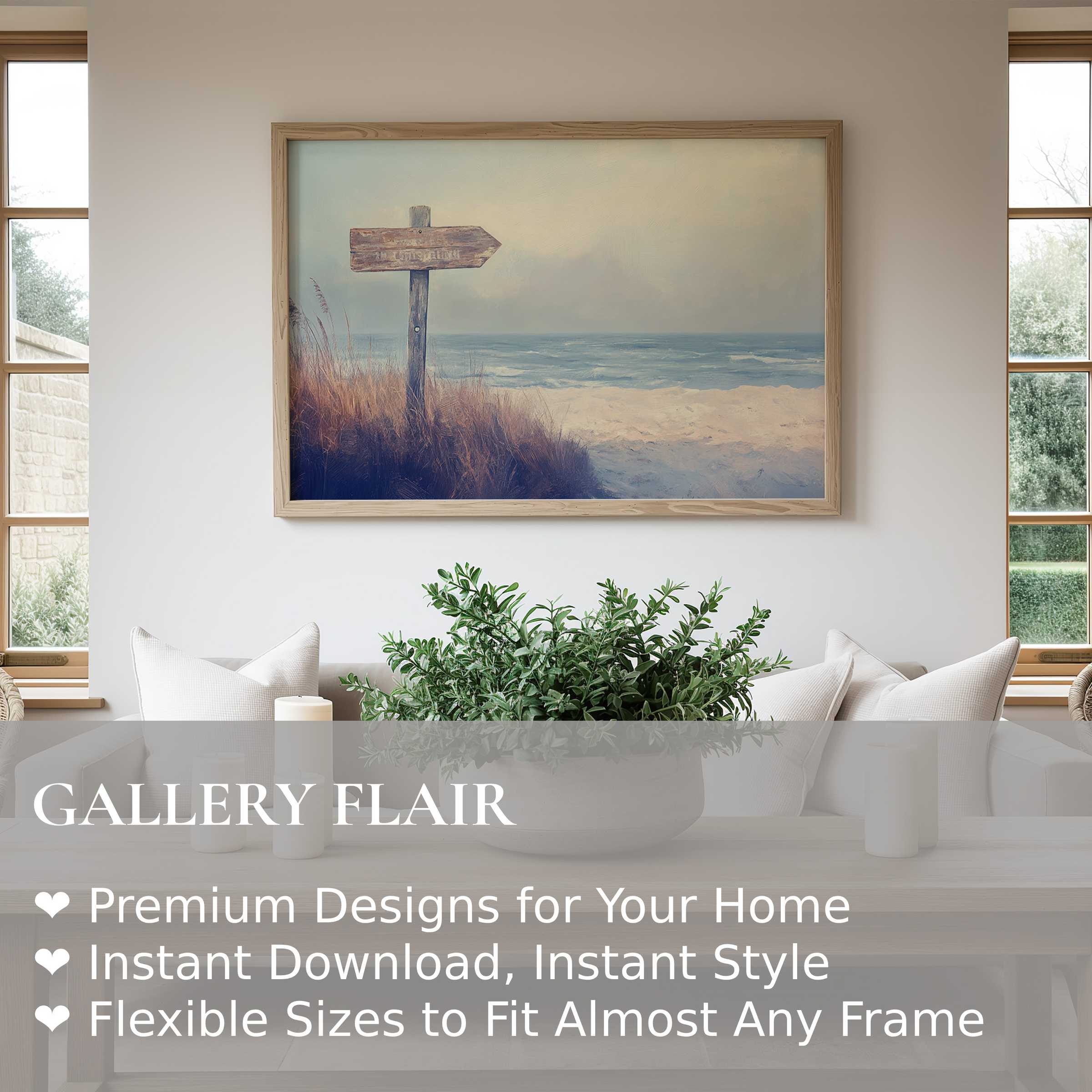 Serene beach wall art print with muted coastal hues, evoking calm and warmth in a minimalist, modern living space