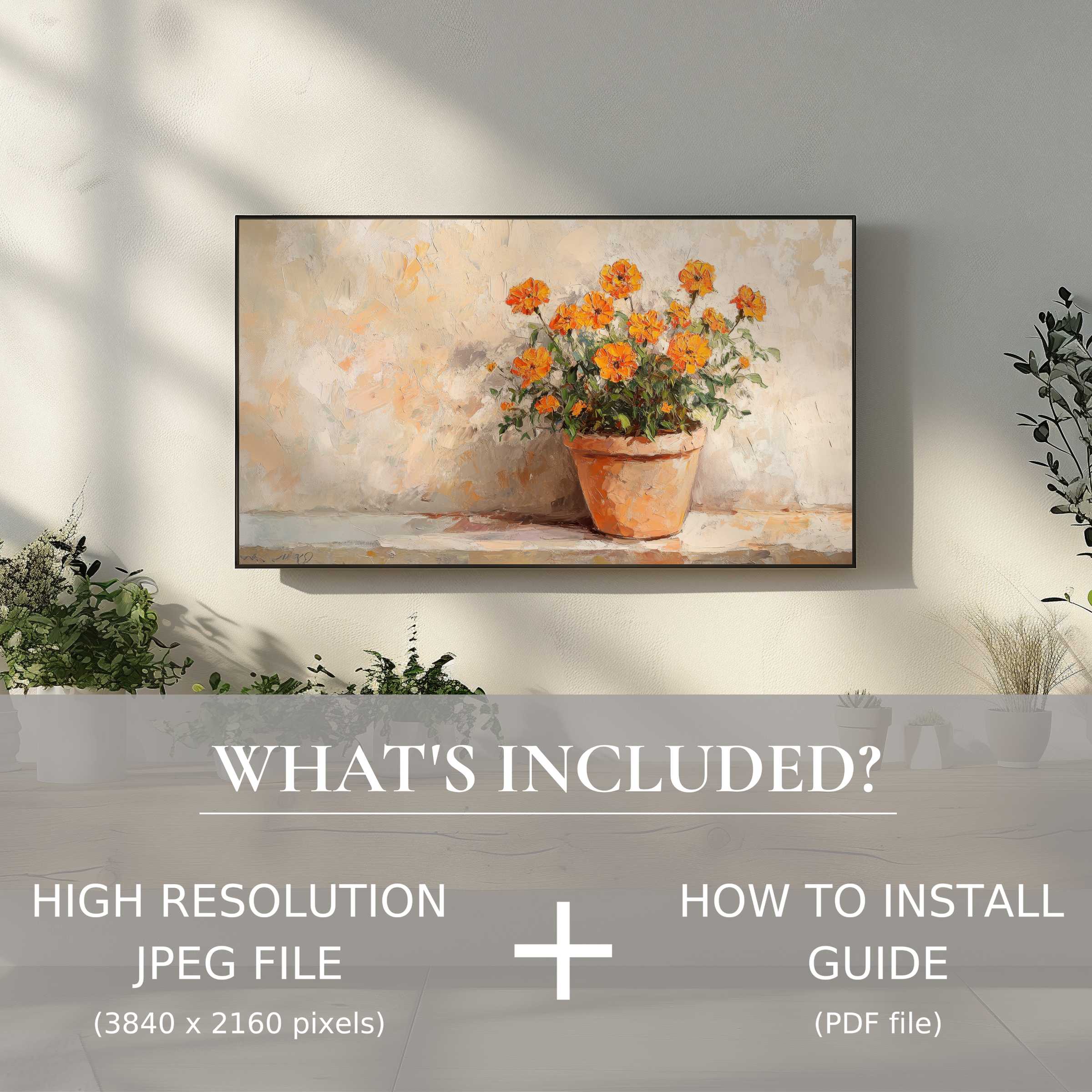 Elegant botanical digital TV art download with easy use, enhancing your modern living space with vibrant floral charm