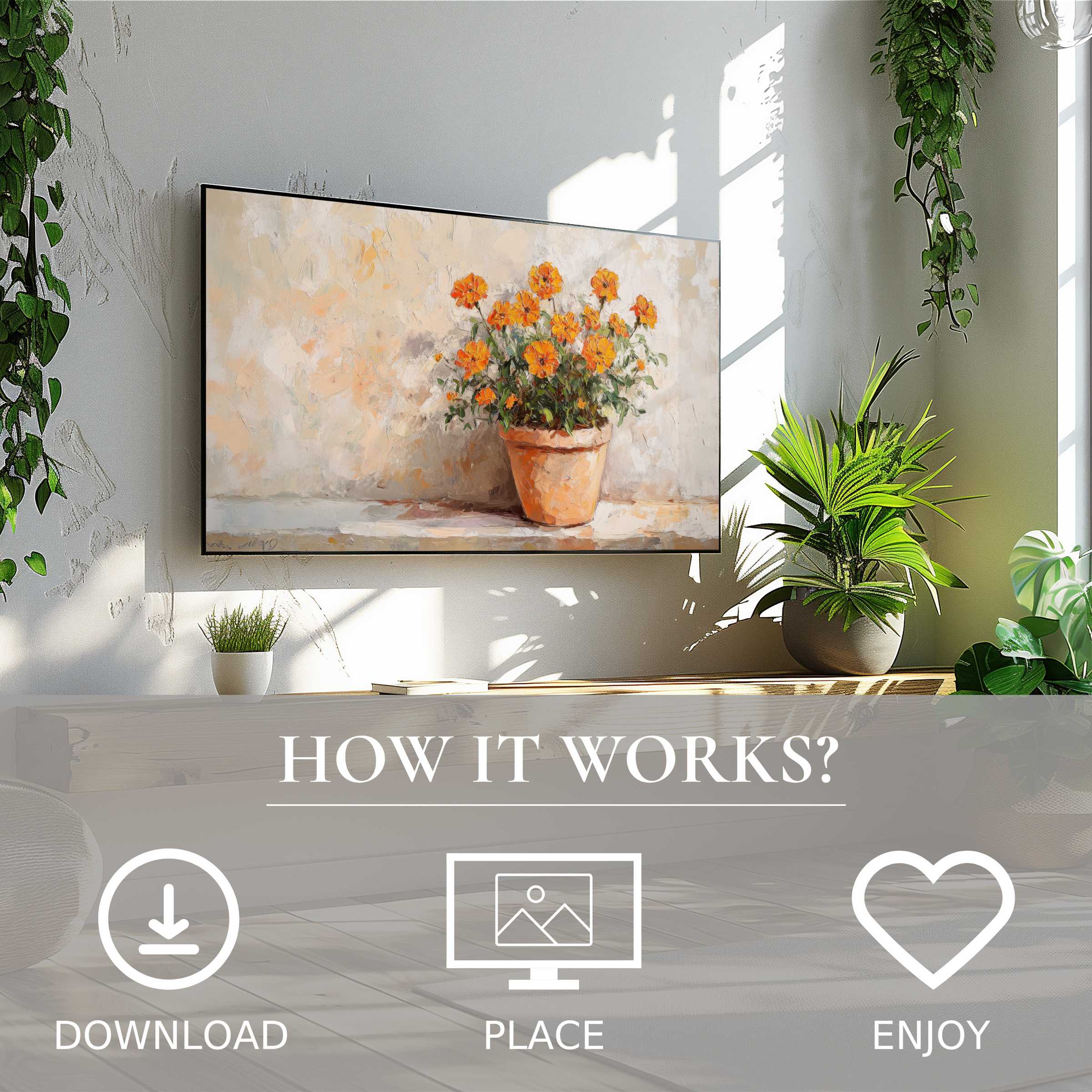Botanical art for Samsung TV shows warm floral tones, easy digital download, enriching modern living spaces with natural charm