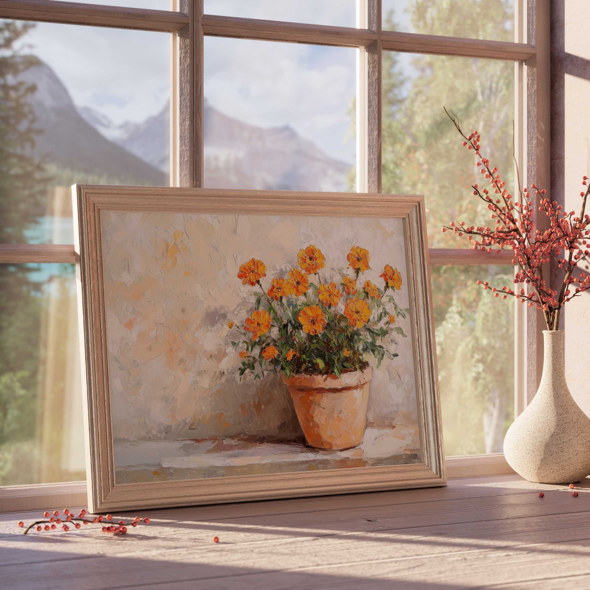 Botanical downloadable art capturing vibrant marigold blooms in rustic terracotta, infusing warm, tranquil elegance into curated, design-forward interiors