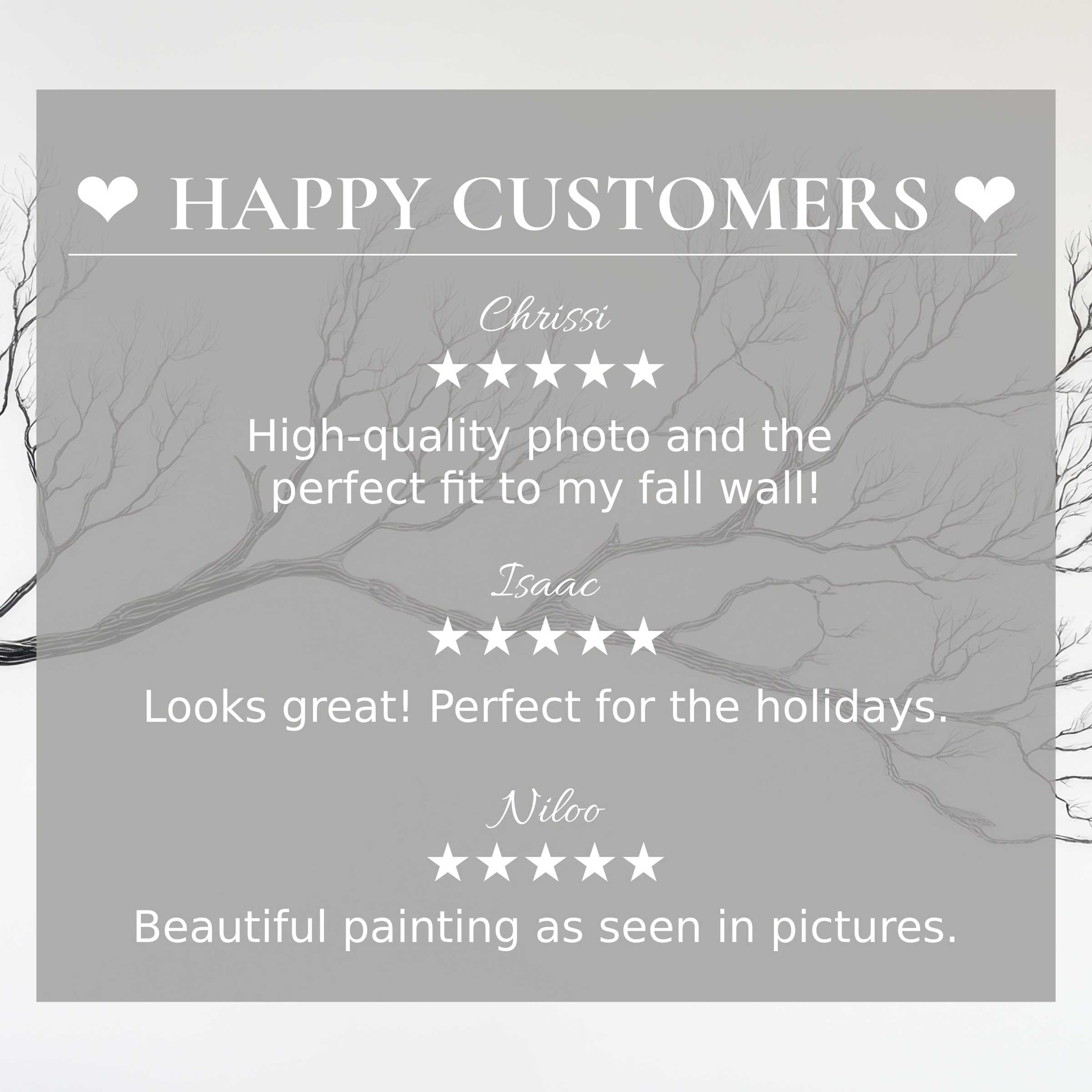 Minimalist art for Frame TV with delicate tree branch design, showcasing happy customer reviews and refined trust