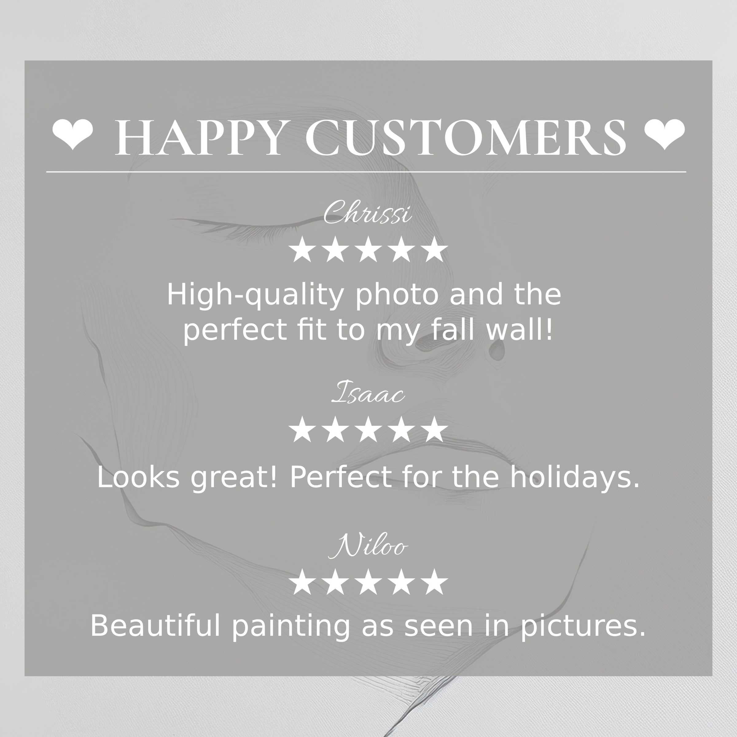 Black and white art for Frame TV with abstract line drawing, showcasing happy customer reviews and elegant design