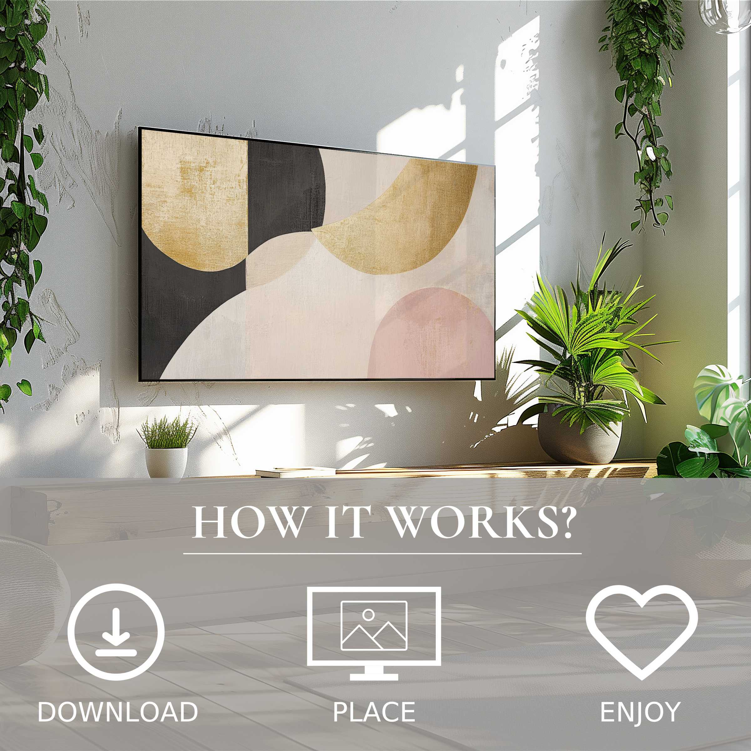 Abstract art for Samsung TV in soft earth tones enhances bright living space; easy digital download and display