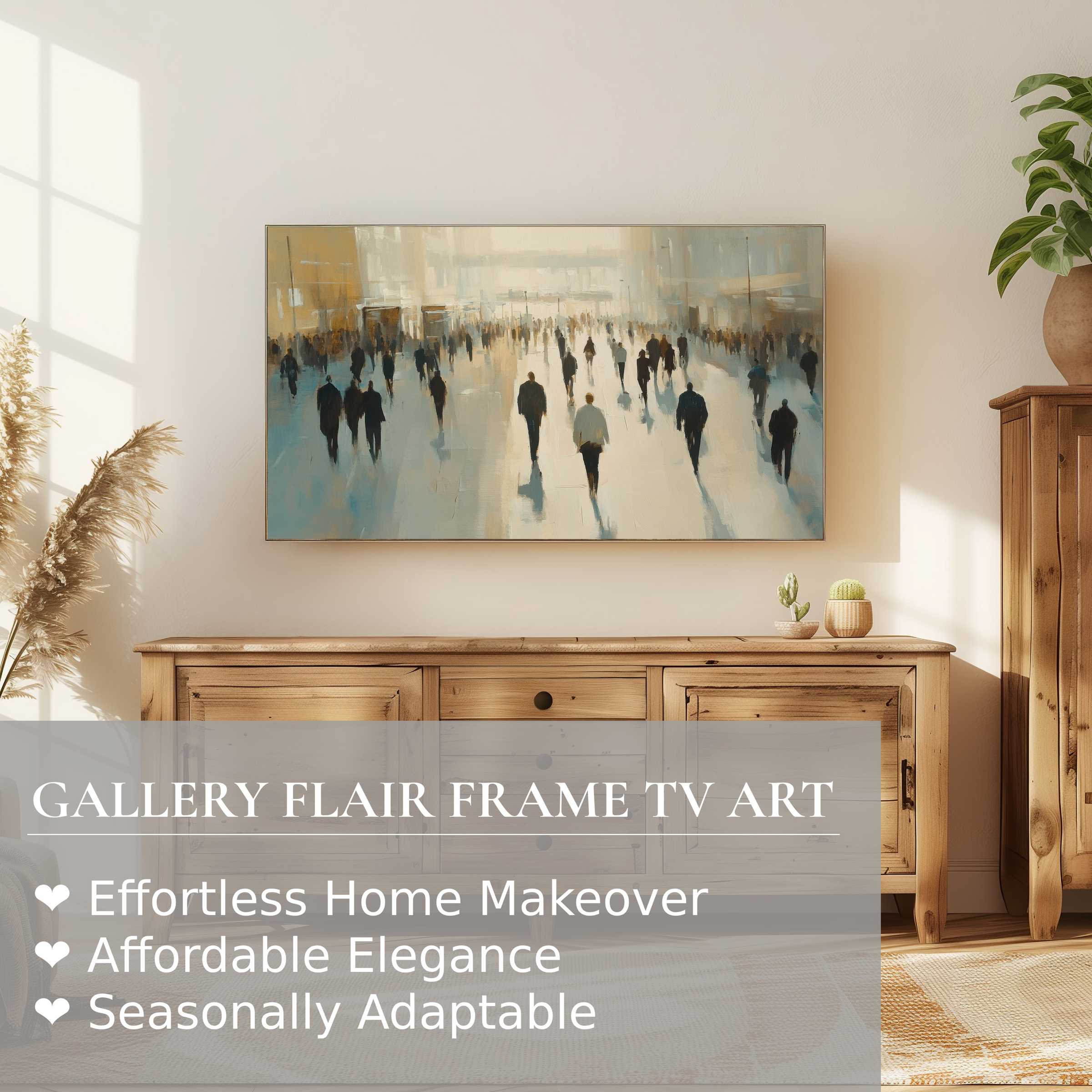 Samsung Frame TV showcasing urban digital artwork in soft tones, elevating modern, elegant living spaces with refined style