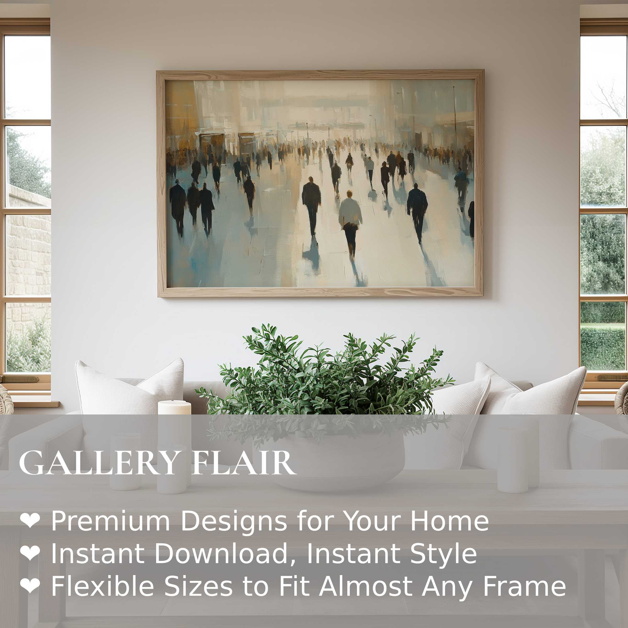 Urban art wall art print featuring a radiant, abstract cityscape with silhouettes, enhancing contemporary minimalist interiors with dynamic depth and mood