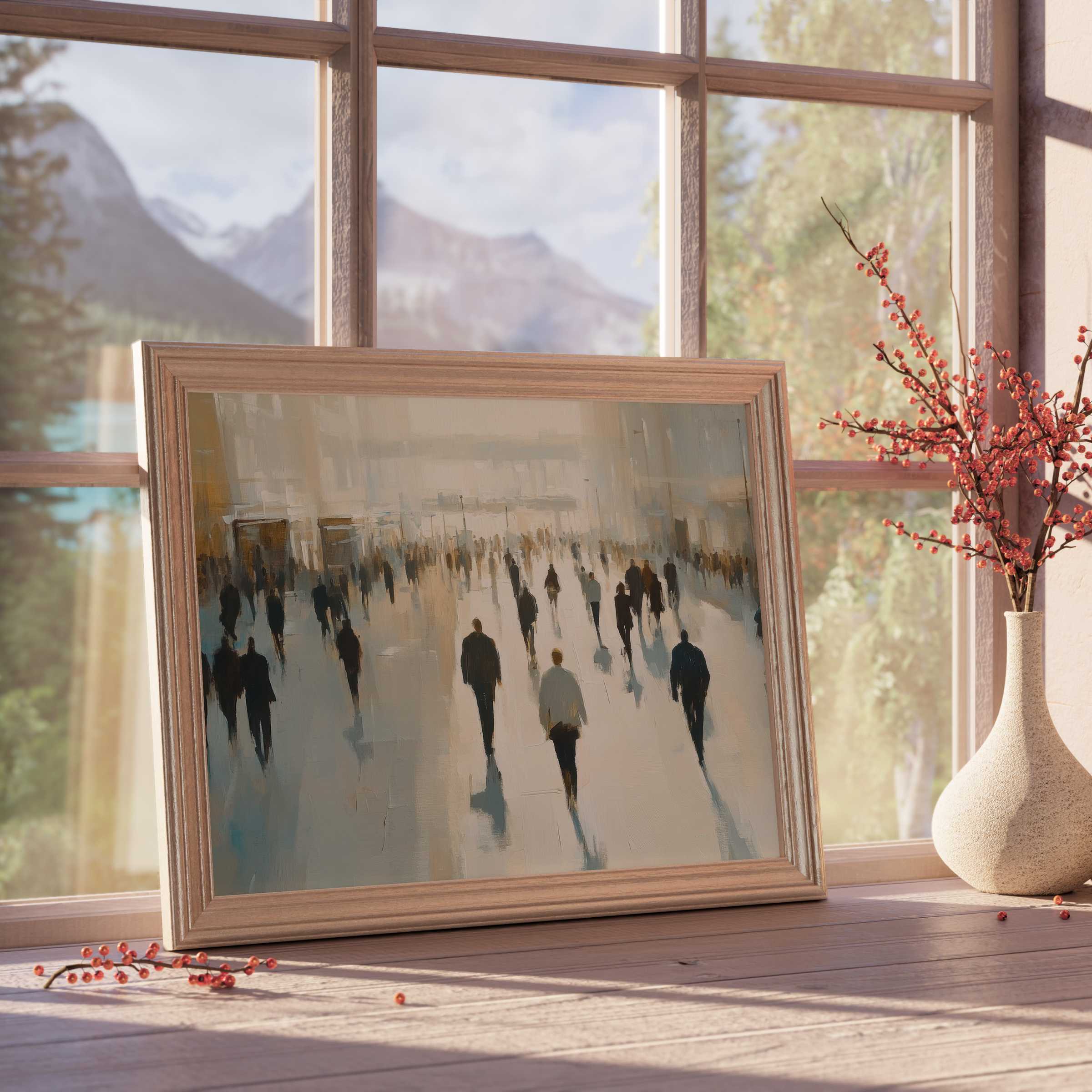 Urban downloadable art capturing serene city rhythm with muted tones, enhancing tranquil, design-forward living spaces with elegant minimalism