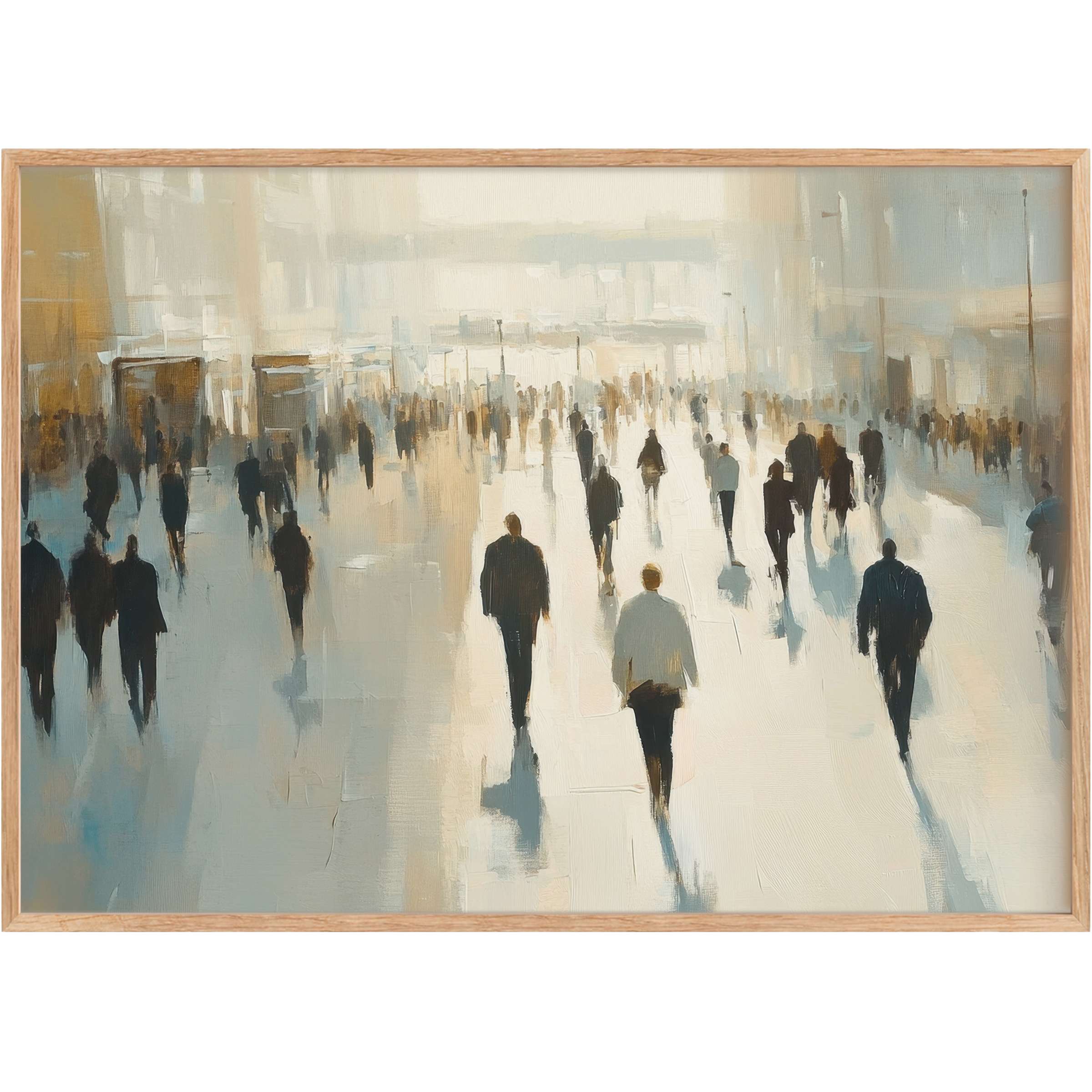 Urban printable wall art capturing a serene city rush with soft blues and warm neutrals, evoking calm sophistication
