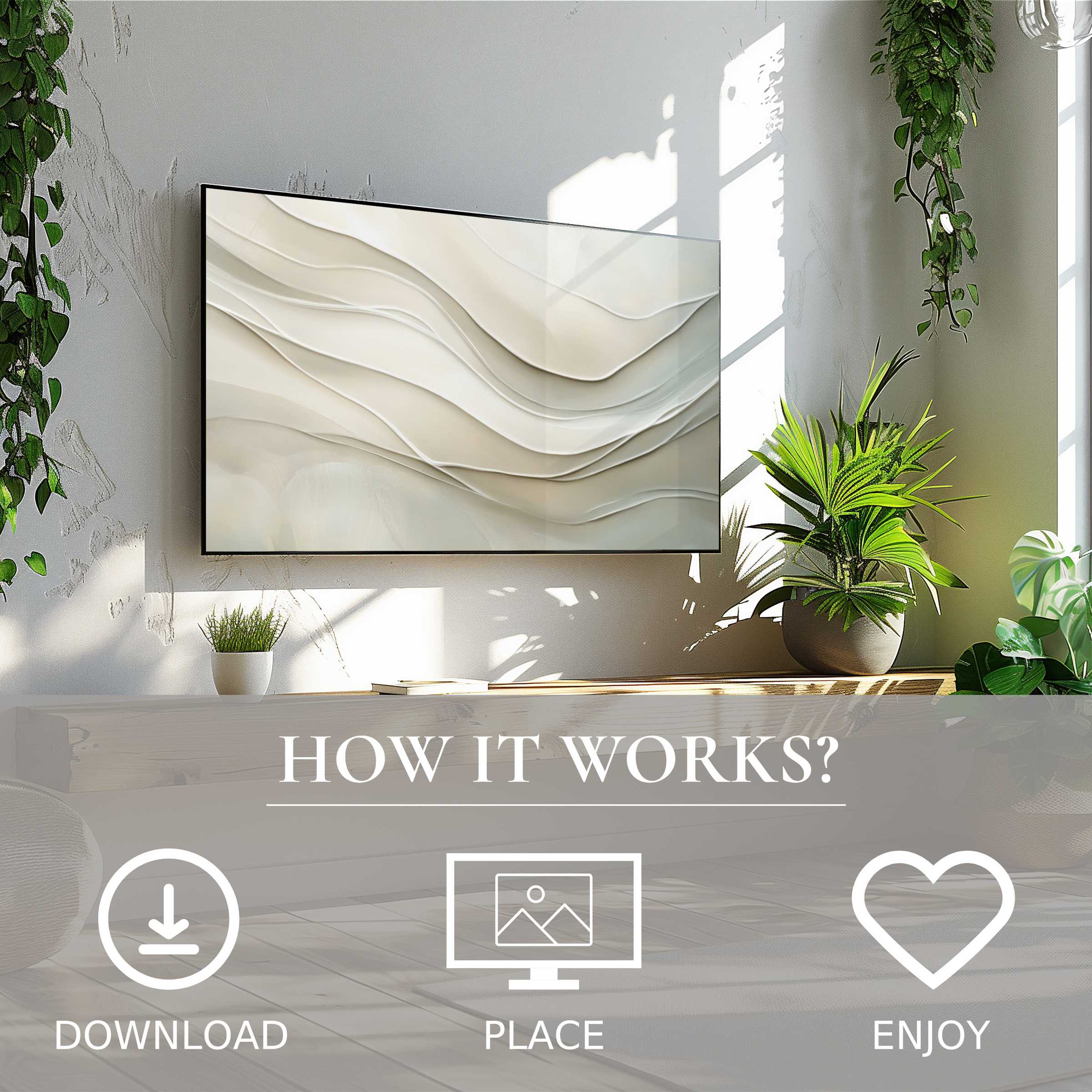 Neutral art for Samsung TV featuring soft beige waves, easy digital download, enriching modern living spaces
