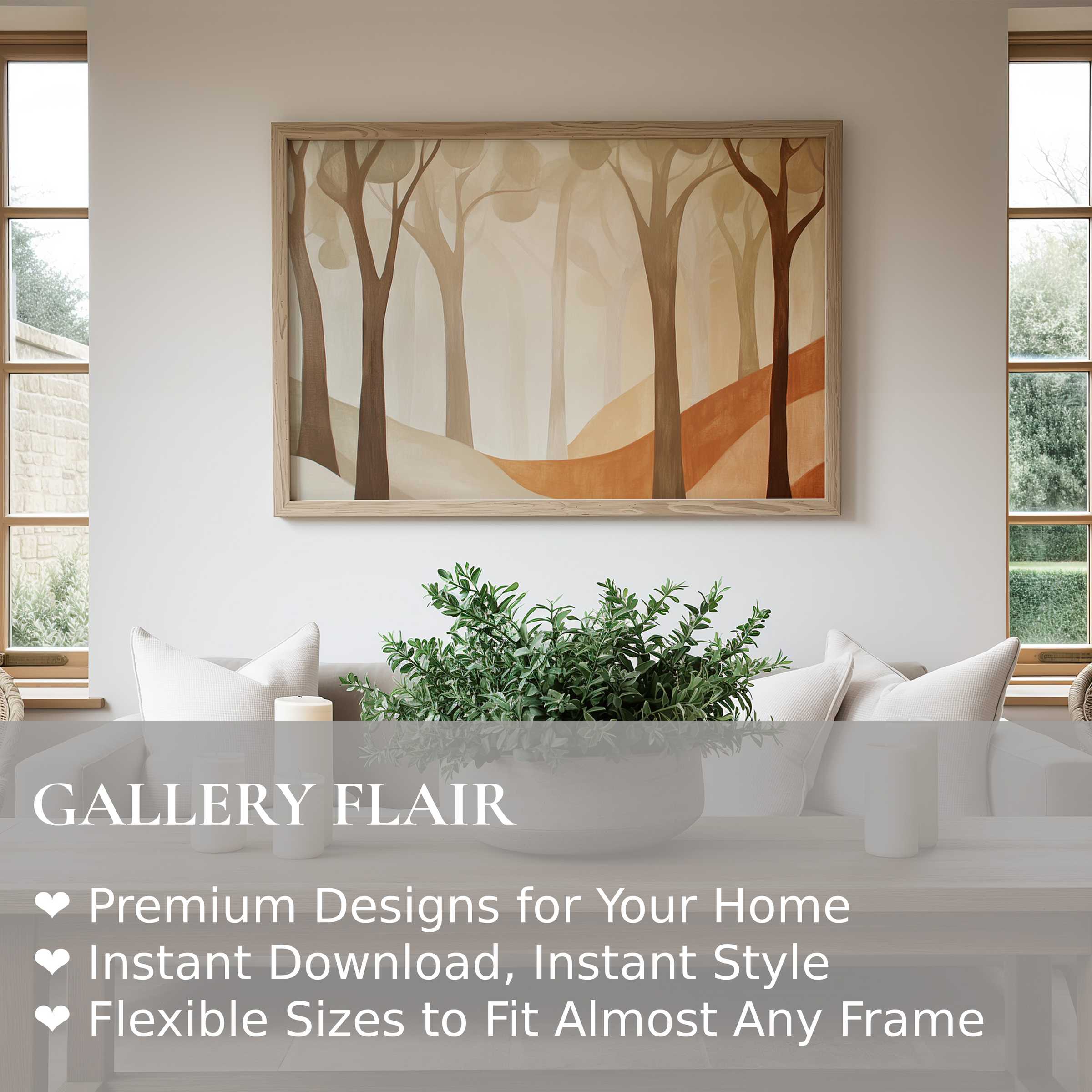 Modern wall art print featuring warm earth tones and abstract forest silhouettes, adding serene elegance to contemporary minimal living spaces