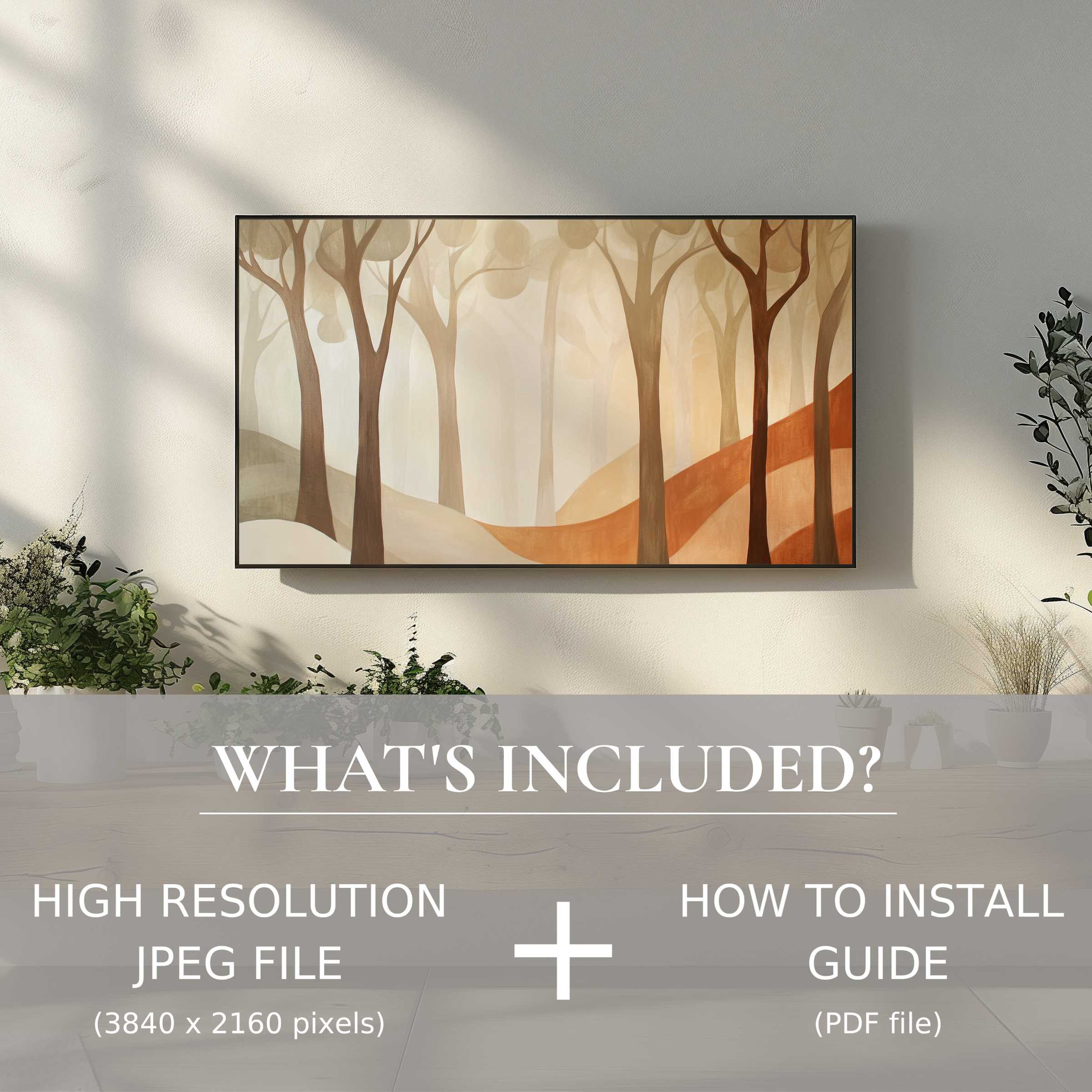 Elegant modern digital TV art download of soft forest tones enhancing your living space with easy digital use