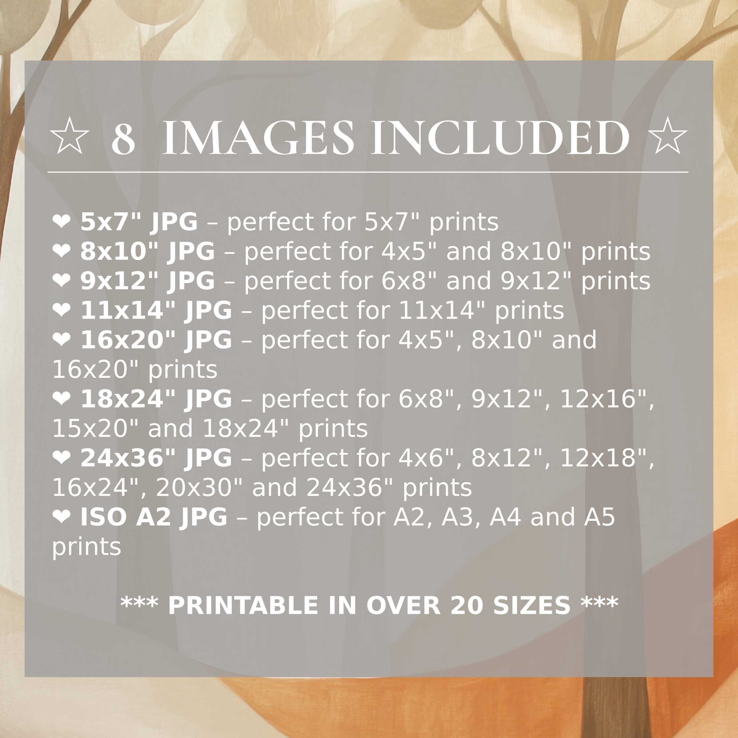 Radiant modern digital print in warm beige and soft orange hues, enhancing contemporary interiors with style and included 8 high-quality sizes