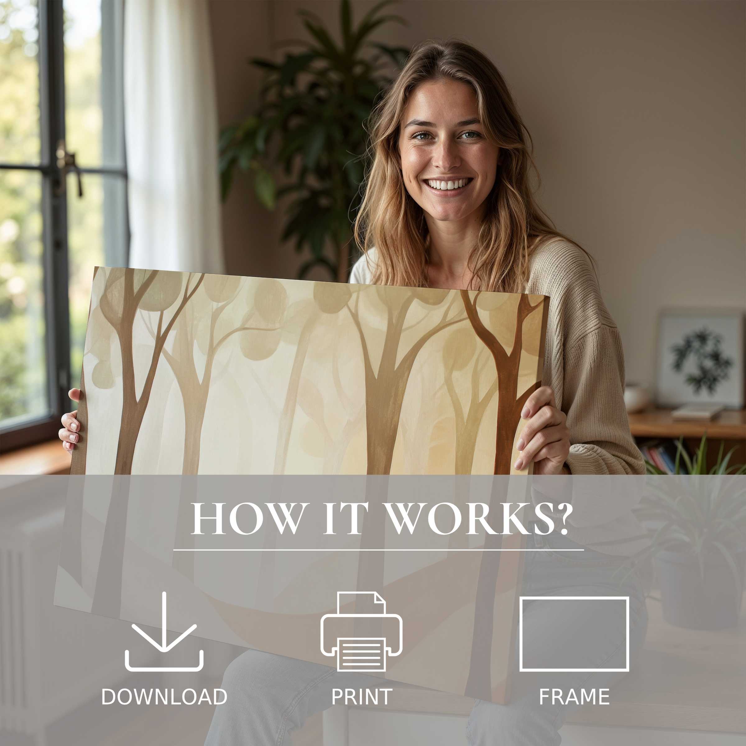 Graceful modern digital art print transforms a serene home moment with warm earthy tones, inspiring joyful connection