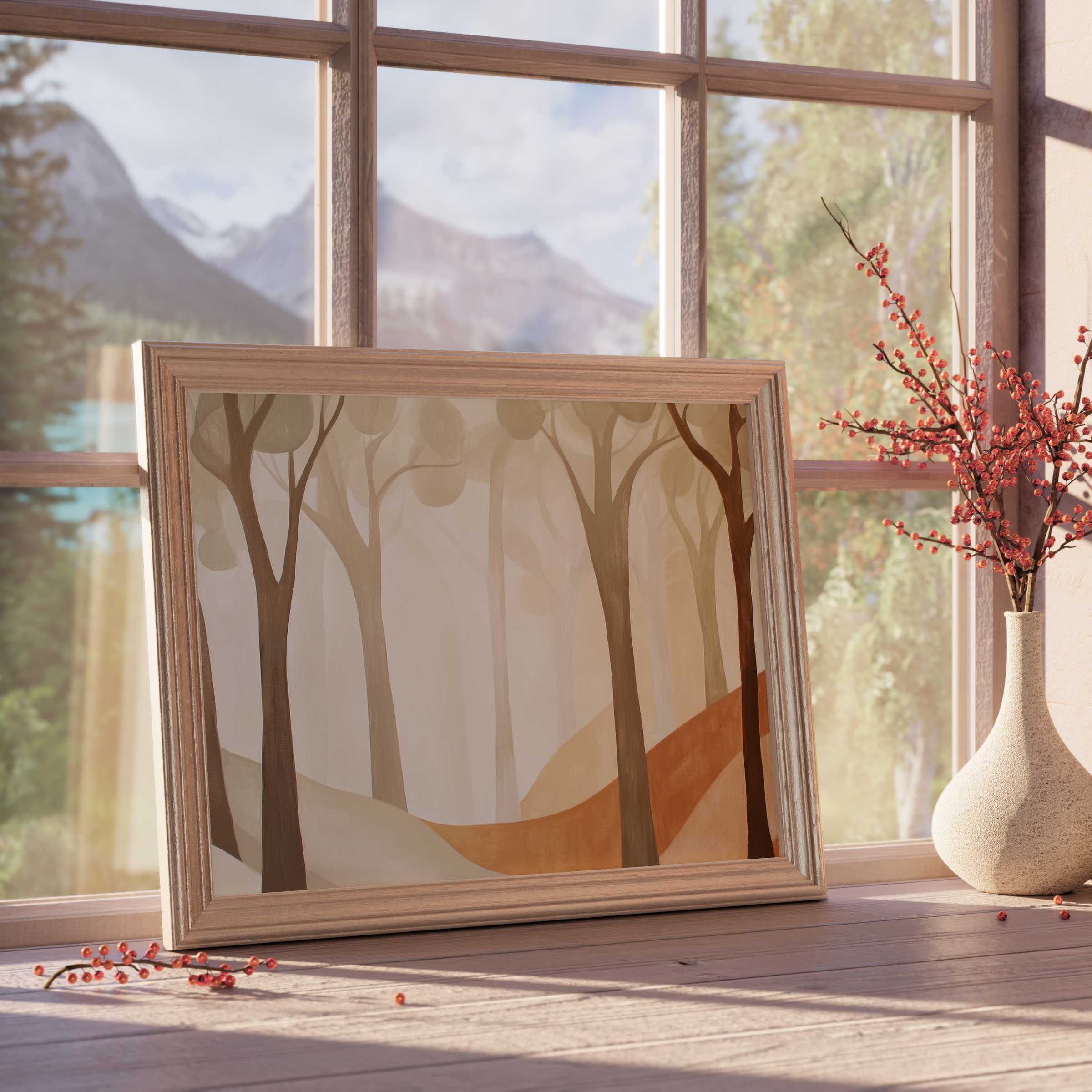 Modern downloadable art featuring soothing neutral tones and abstract forest shapes, enriching serene, curated living spaces