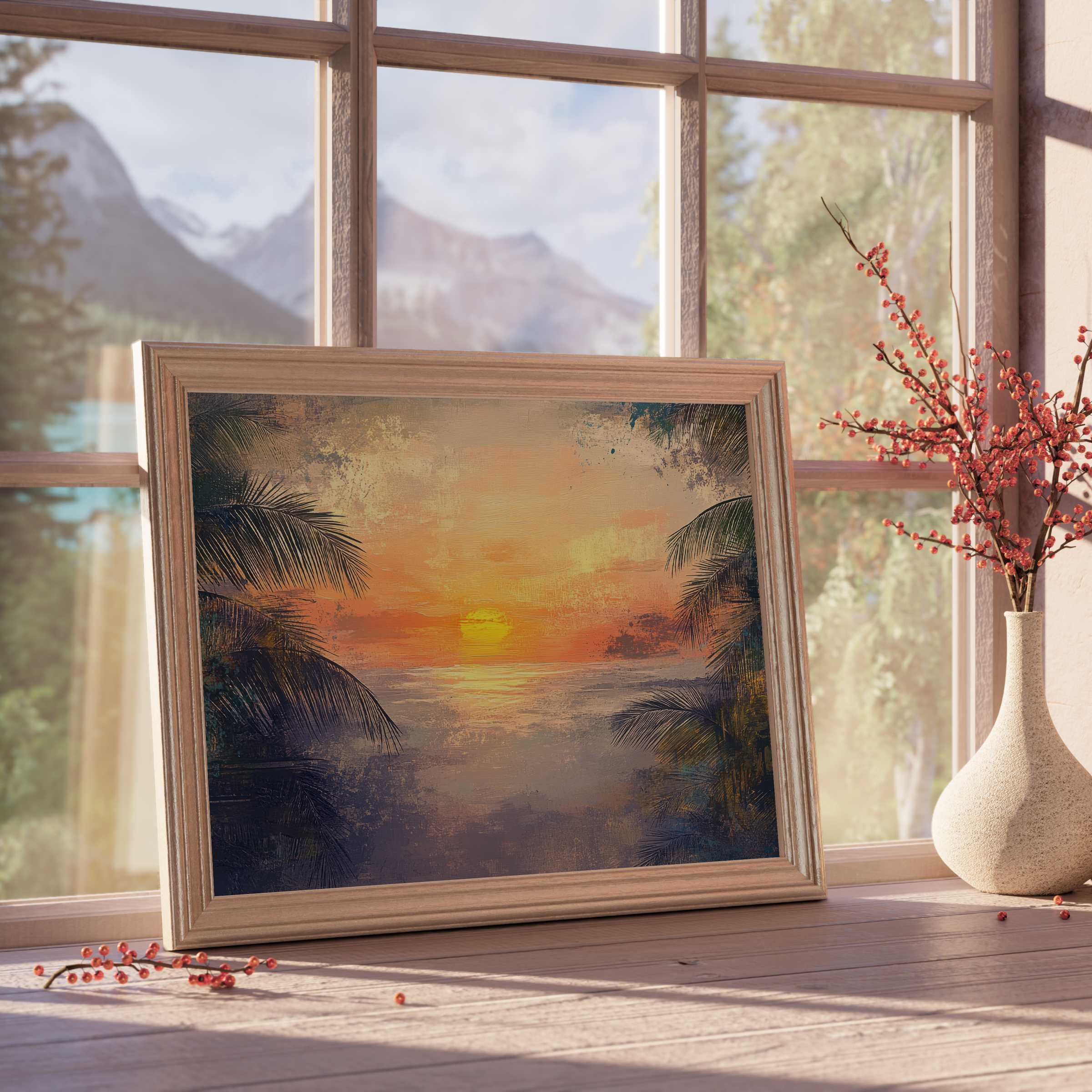 Tranquil tree downloadable art capturing a warm tropical sunset, elevating serene, design-forward interiors with premium coastal elegance