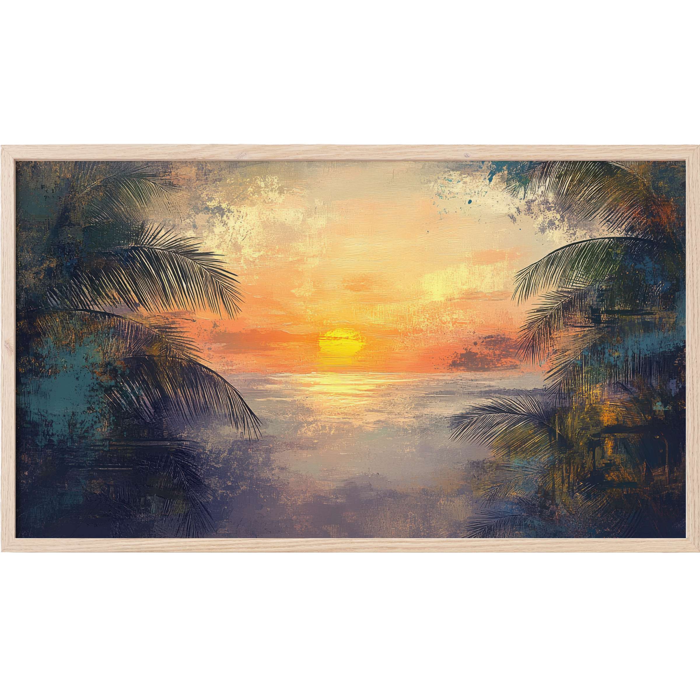 Tranquil sunset framed by silhouetted palms in textured blues, oranges, and golds - tree Frame TV Art for refined decor
