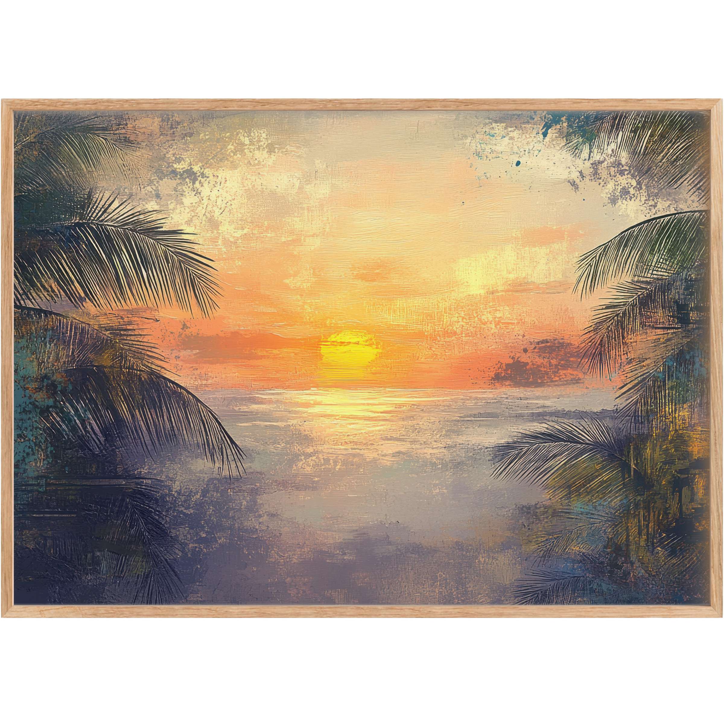 Elegant tree printable wall art capturing a radiant sunset with warm golds and deep blues, evoking tranquil coastal serenity