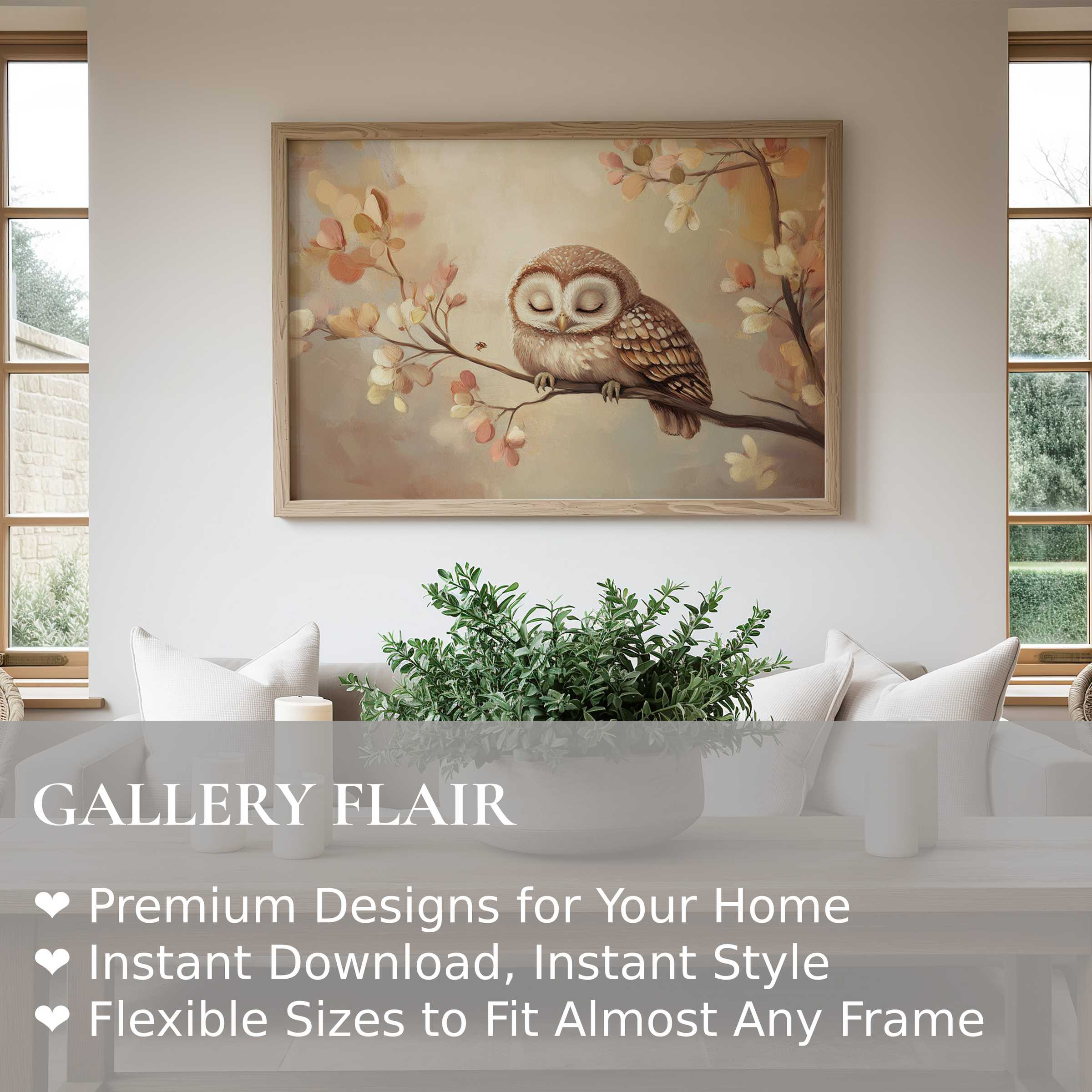 Nursery wall art print featuring a serene owl perched on blossoming branches, enhancing calming modern nursery decor with soft, warm tones