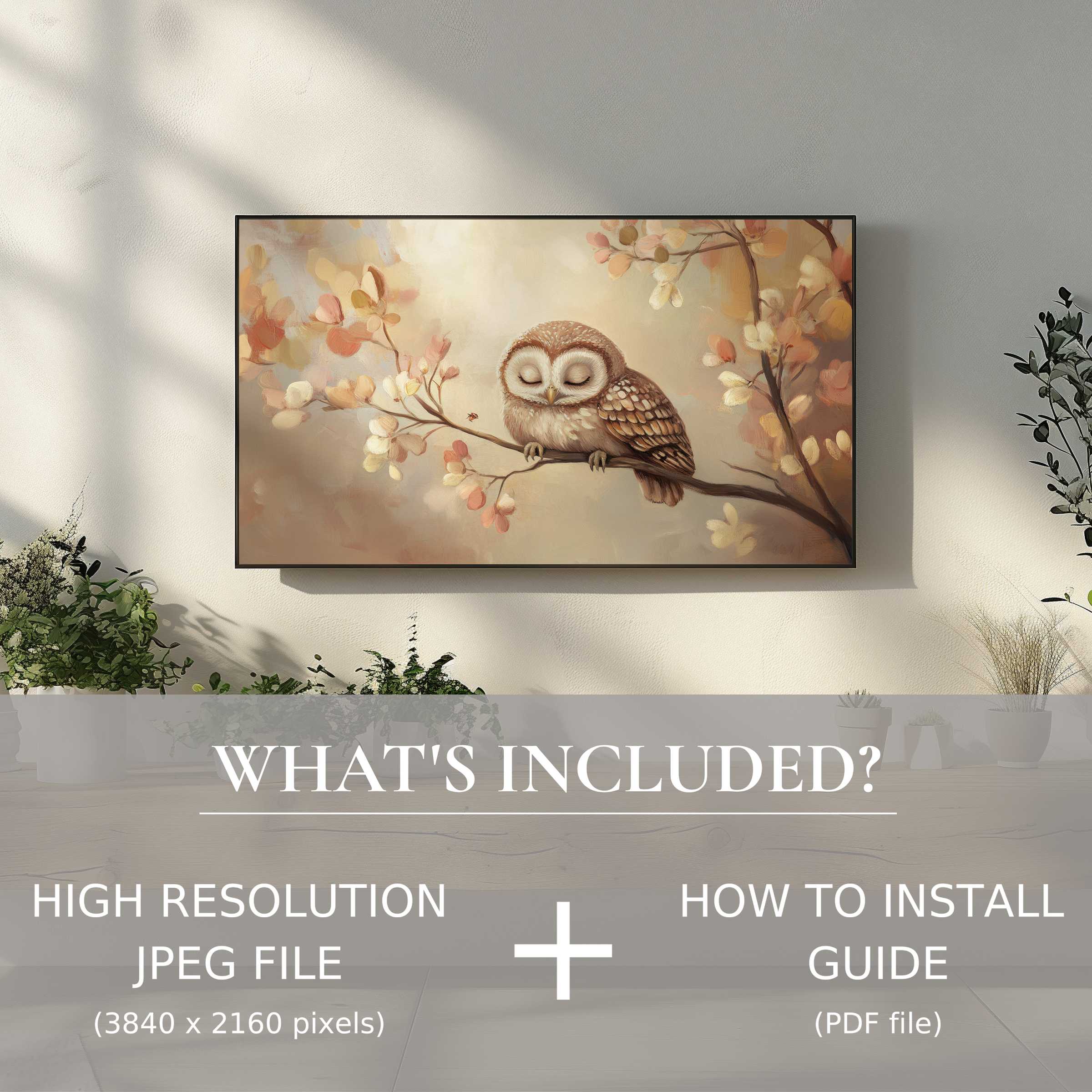 Elegant nursery digital TV art download featuring a serene owl design, easy to use, enriching modern living spaces