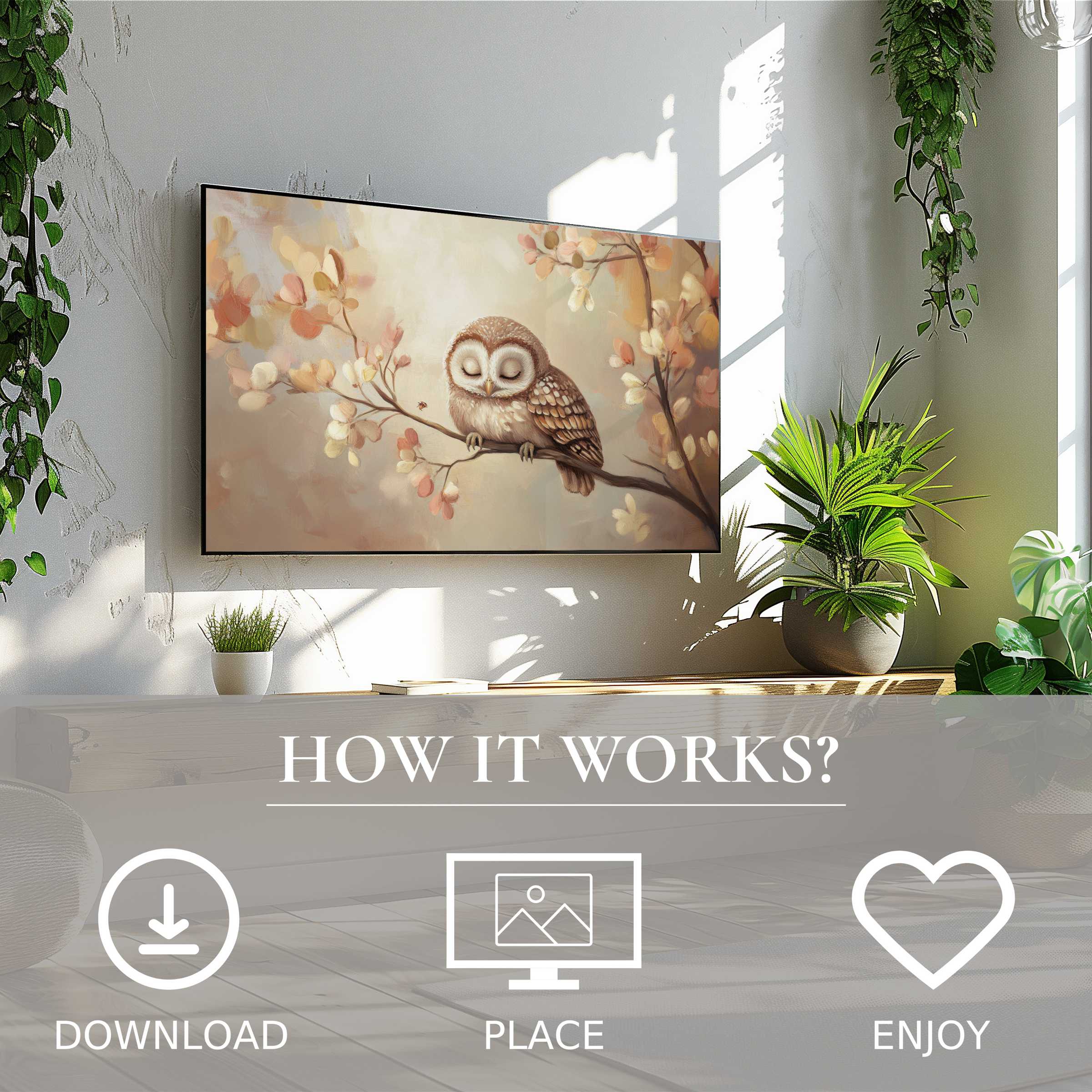 Bright nursery art for Samsung TV features a gentle owl in soft sunset tones, easy digital download and enhances decor