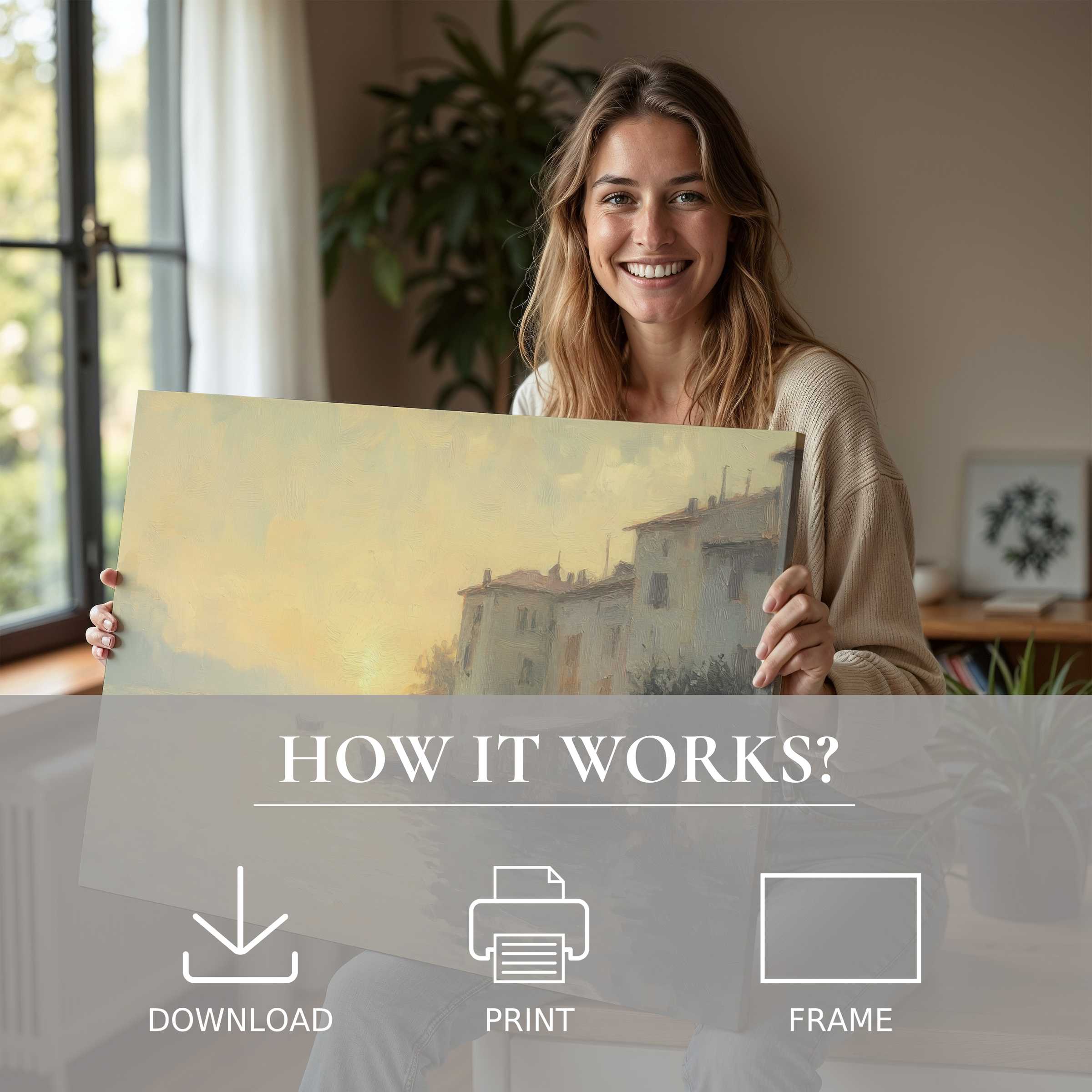 Woman in modern home radiates joy and connection, showcasing a vintage digital art print with soft, warm tones