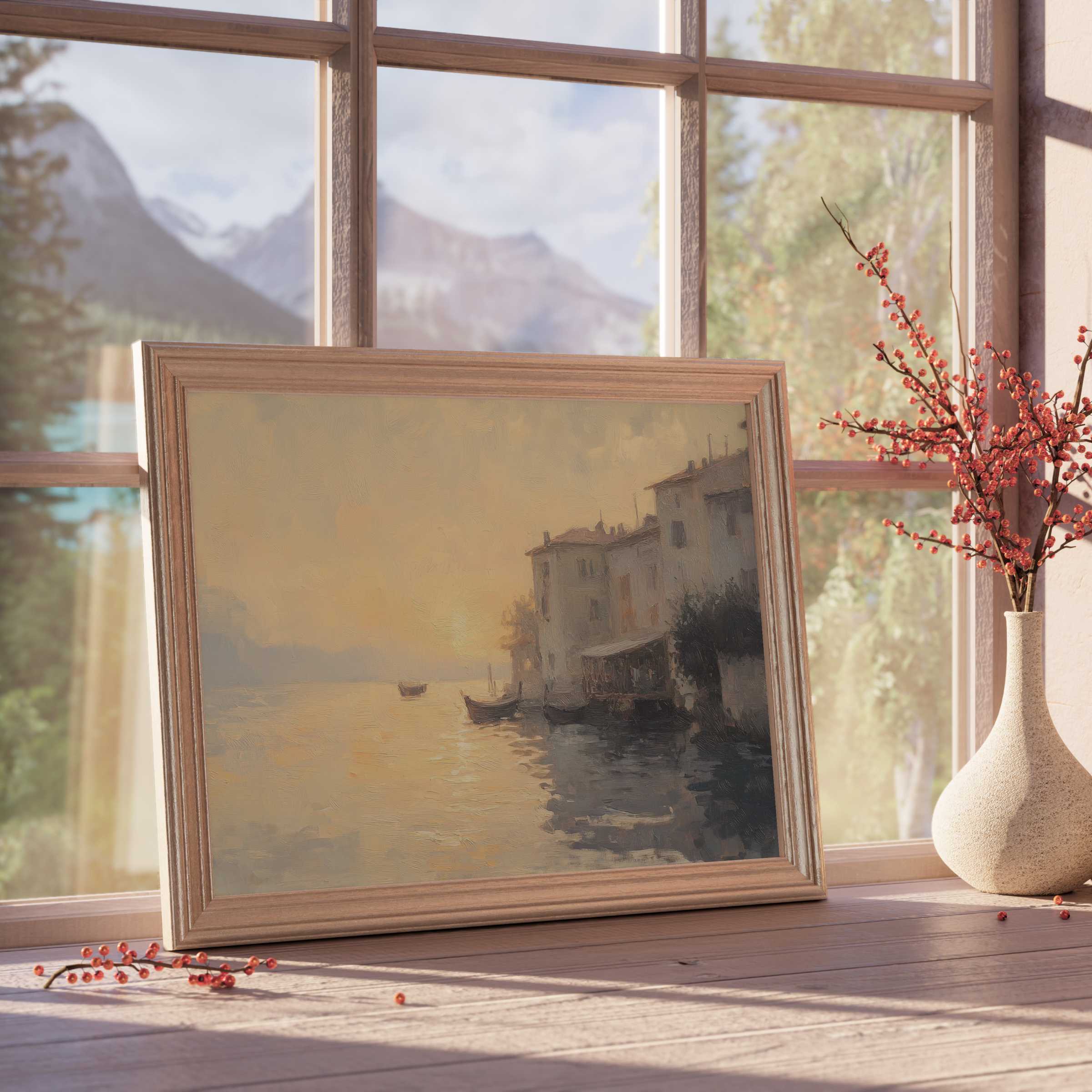 Vintage downloadable art capturing a tranquil coastal sunset, perfect for curated, serene, design-forward interiors