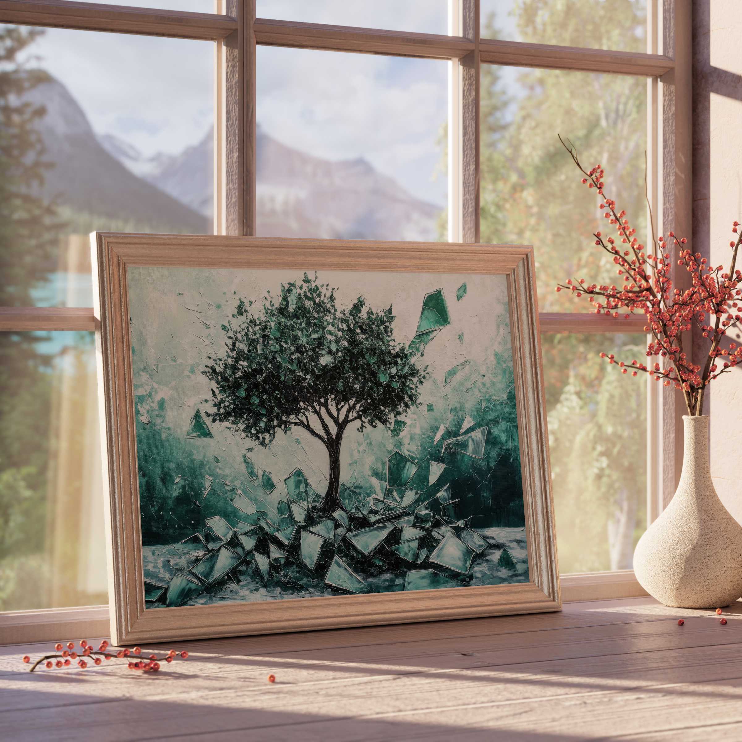 Elegant street art downloadable art depicting a vibrant tree amid shattered glass, enriching serene, design-forward interiors with dynamic contrast and natural calm