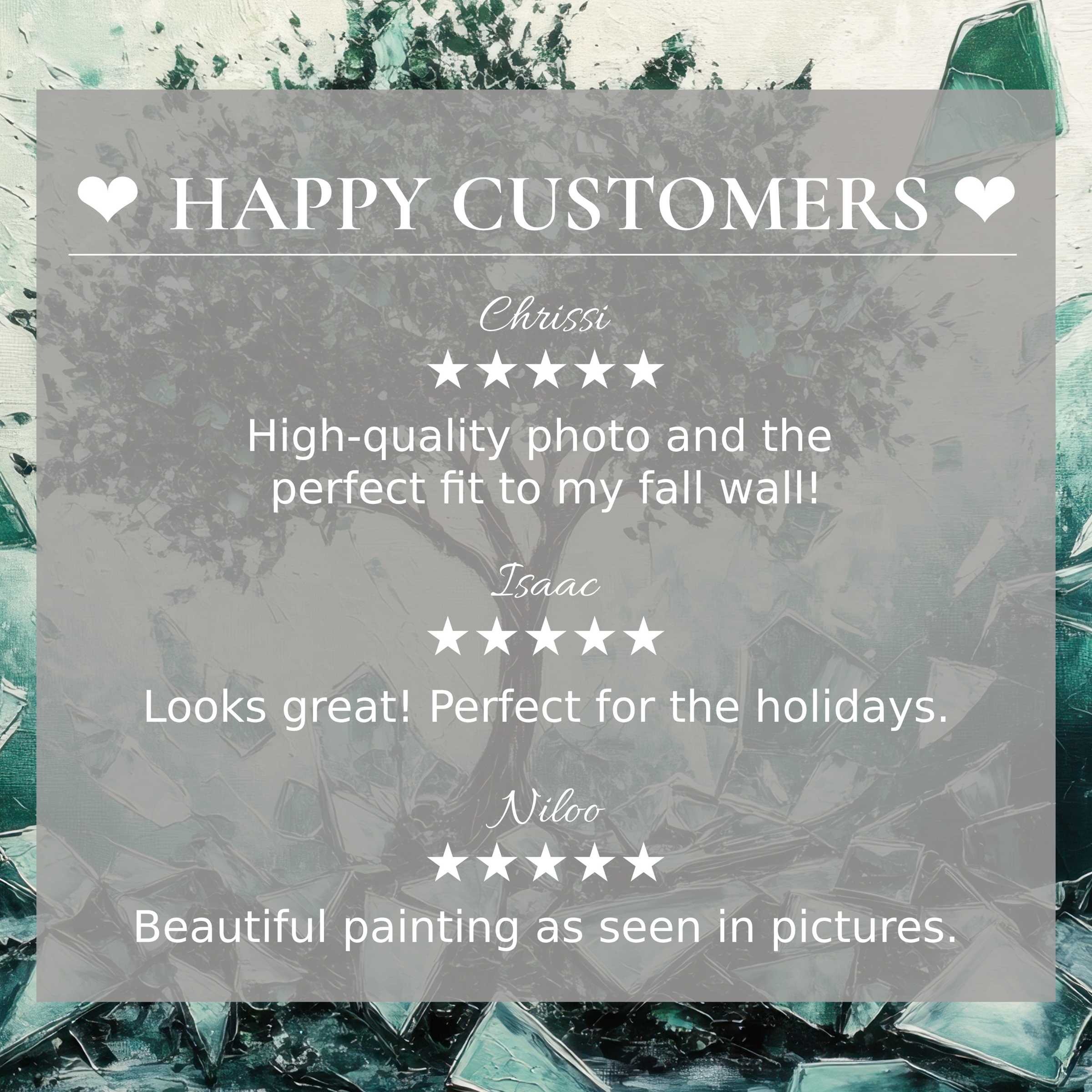 Street art for Frame TV with teal abstract background, showcasing happy customer reviews and elegant design trust