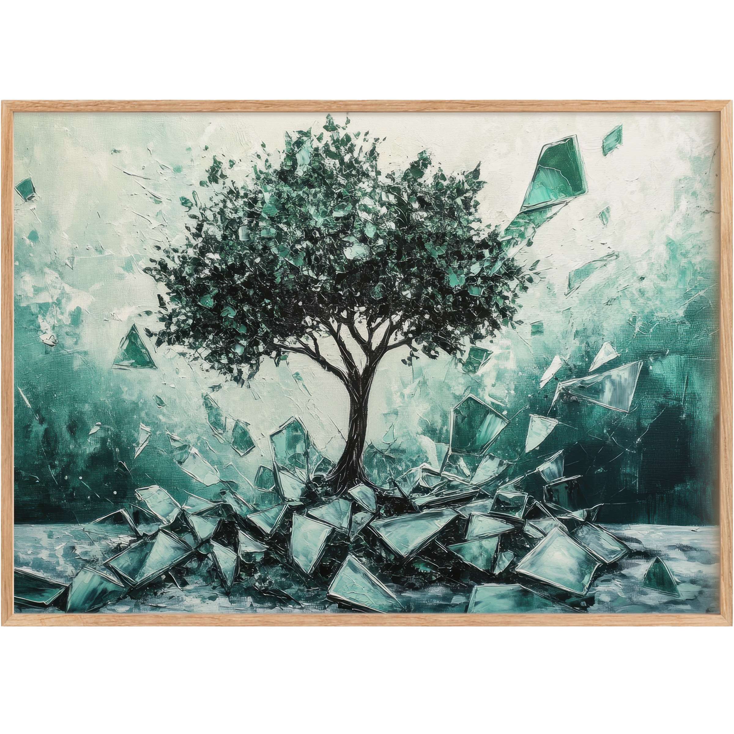 Striking street art printable wall art featuring a resilient tree amidst shattered glass, radiating bold teal and emerald tones for a captivating, transformative ambiance