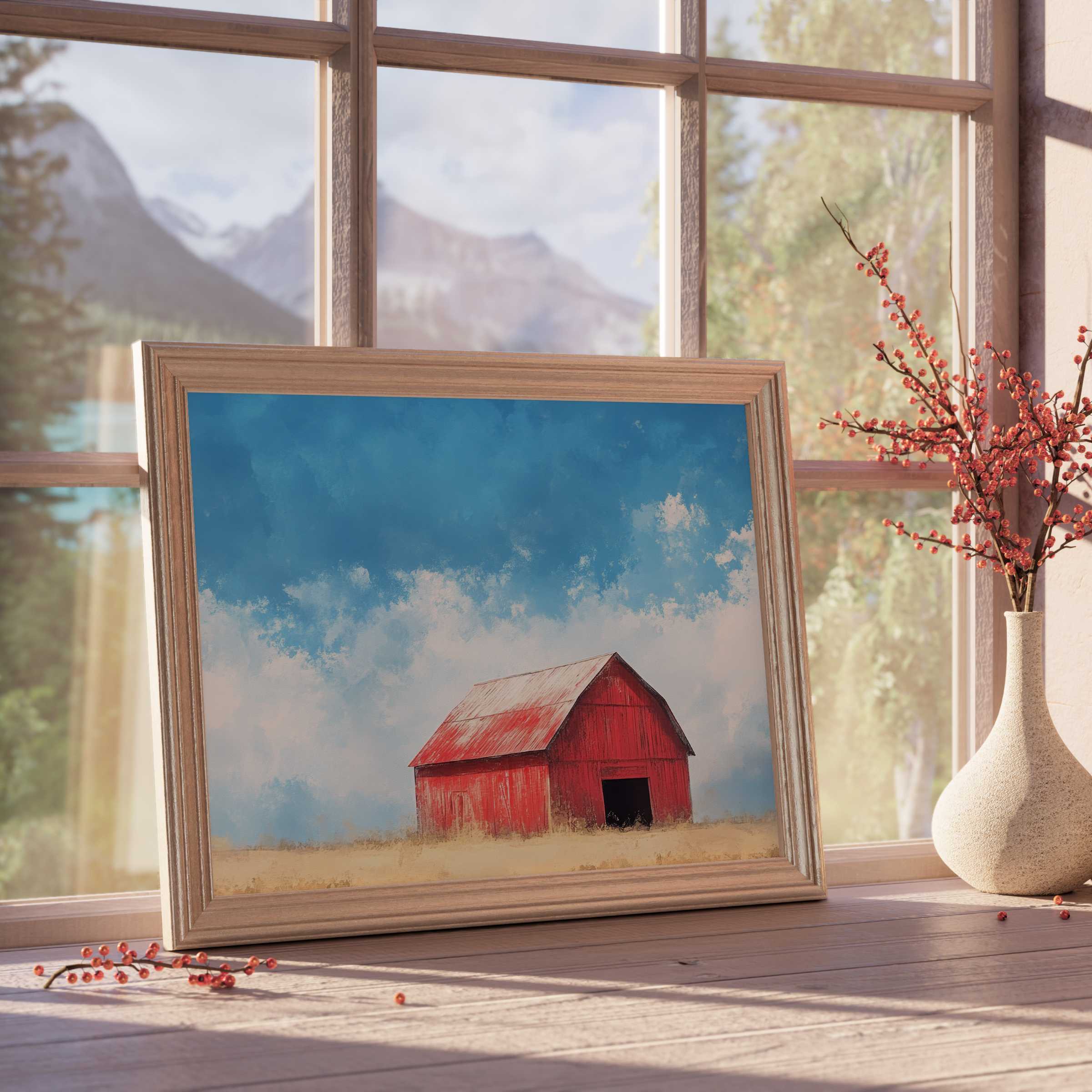 Rustic farmhouse downloadable art featuring a vibrant red barn under a serene blue sky, enhancing calm, curated interiors