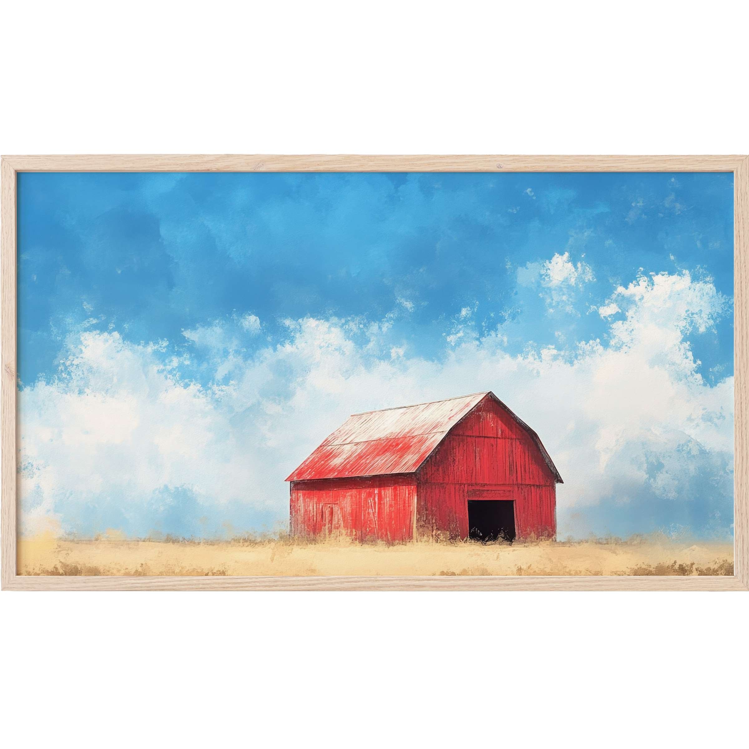 Farmhouse Frame TV Art of a vibrant red barn against a serene blue sky, with soft, modern brushstrokes