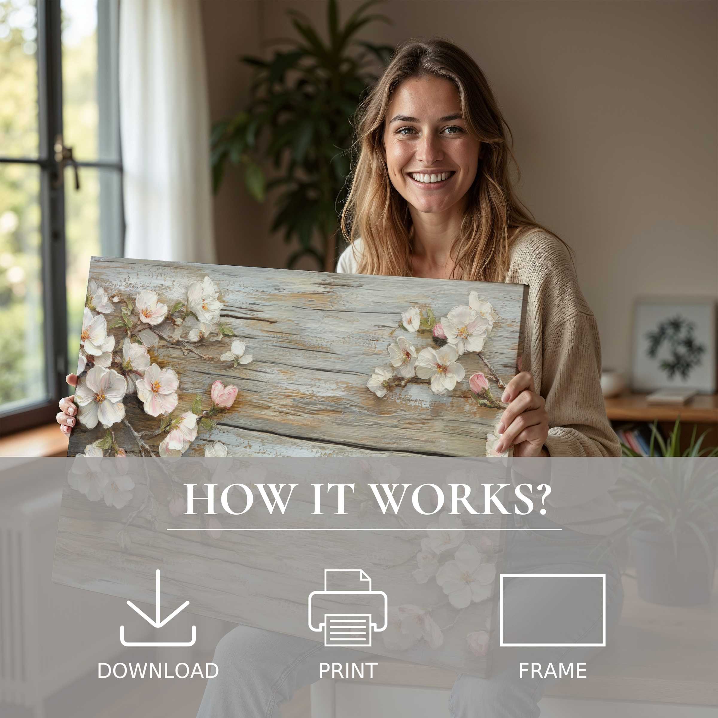 A joyful woman in a serene modern home embraces a floral digital art print, capturing effortless elegance and warmth