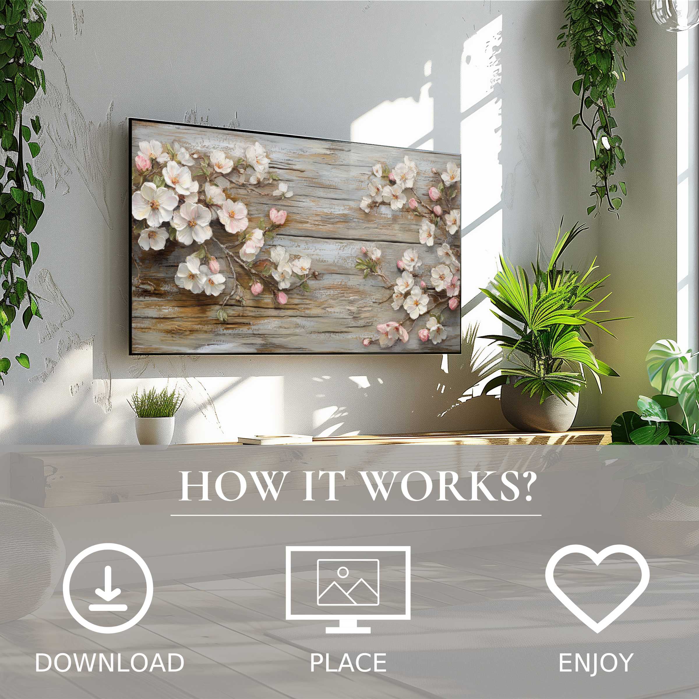 Floral art for Samsung TV with soft blossom tones enhances bright spaces; easy digital download enriches your decor