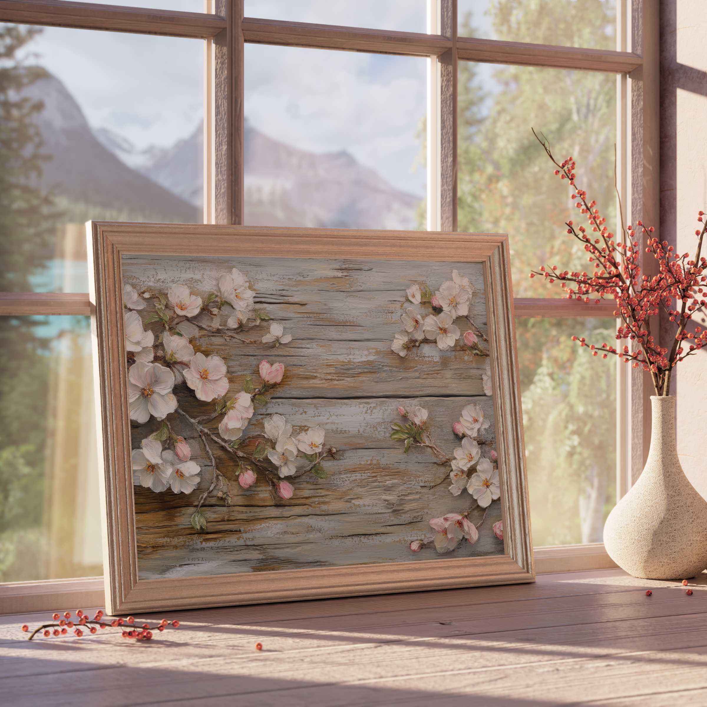 Floral downloadable art featuring delicate blossoms on rustic wood, evoking calm elegance in curated, tranquil interiors