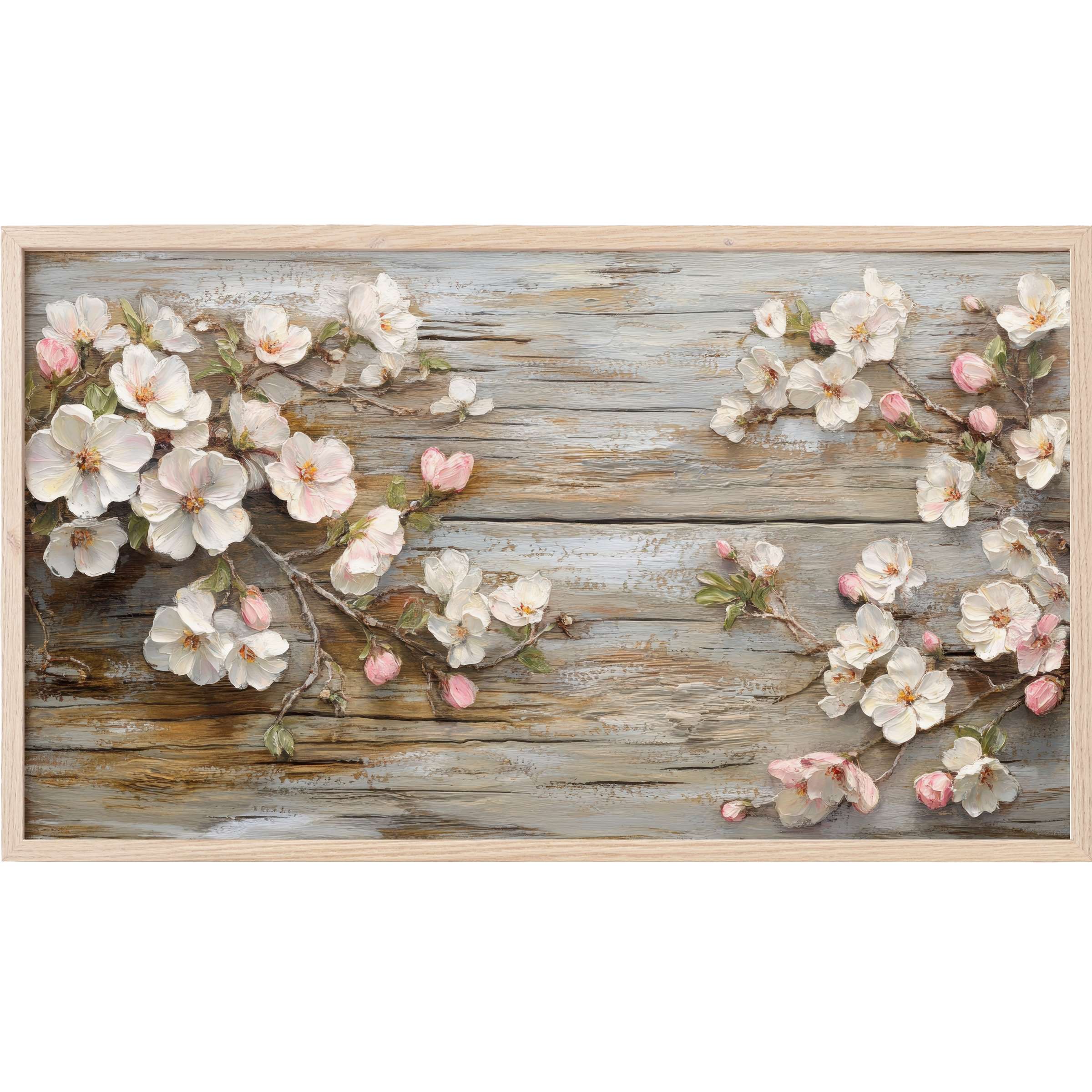 Floral Frame TV Art featuring delicate white and pink blossoms on textured rustic wood in soft, muted tones