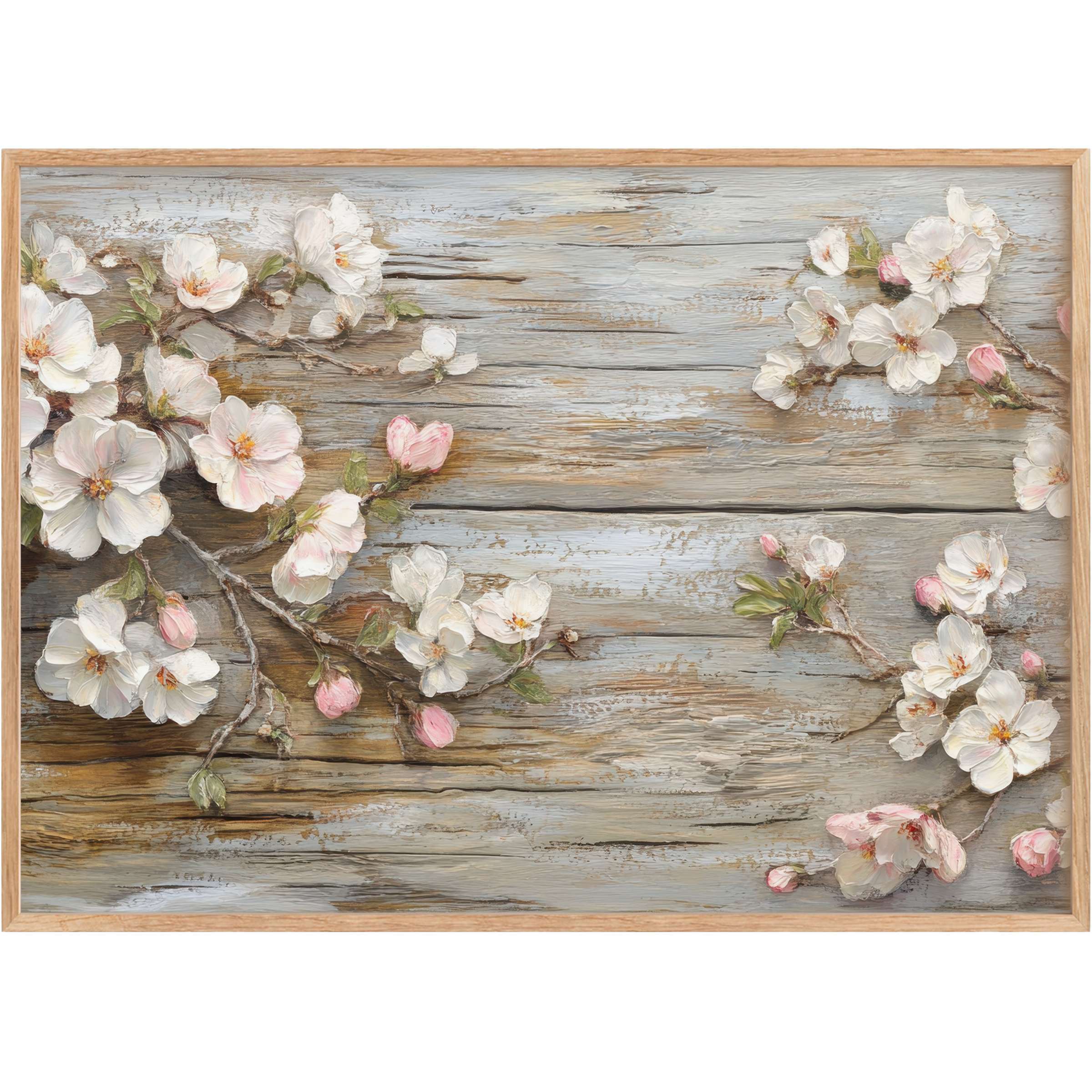 Delicate floral printable wall art featuring soft white and pink blossoms against weathered wood, evoking serene, rustic elegance