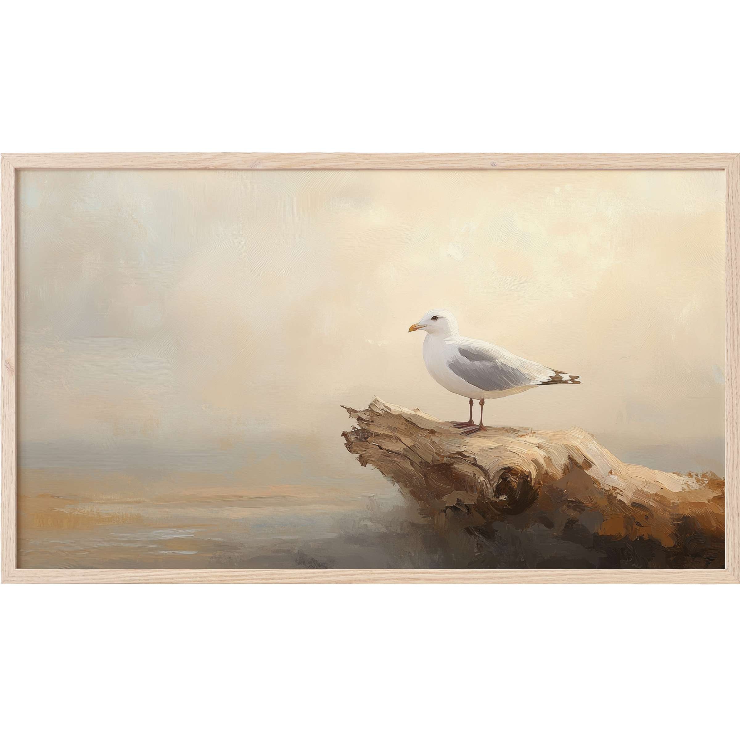 Coastal Frame TV Art featuring a serene seagull on driftwood in soft, muted beige and gray tones, modern elegance