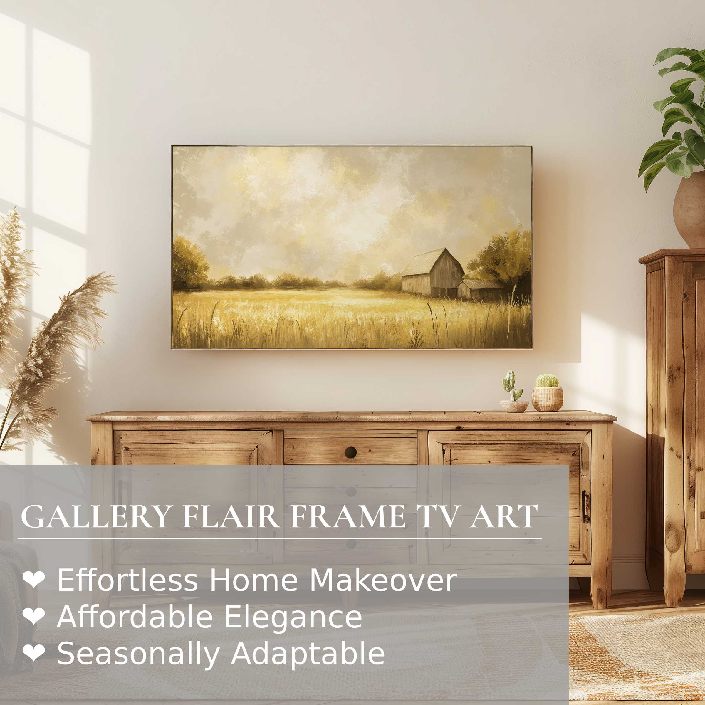 Samsung Frame TV displaying serene landscape digital artwork, enhancing warm, rustic modern home decor style
