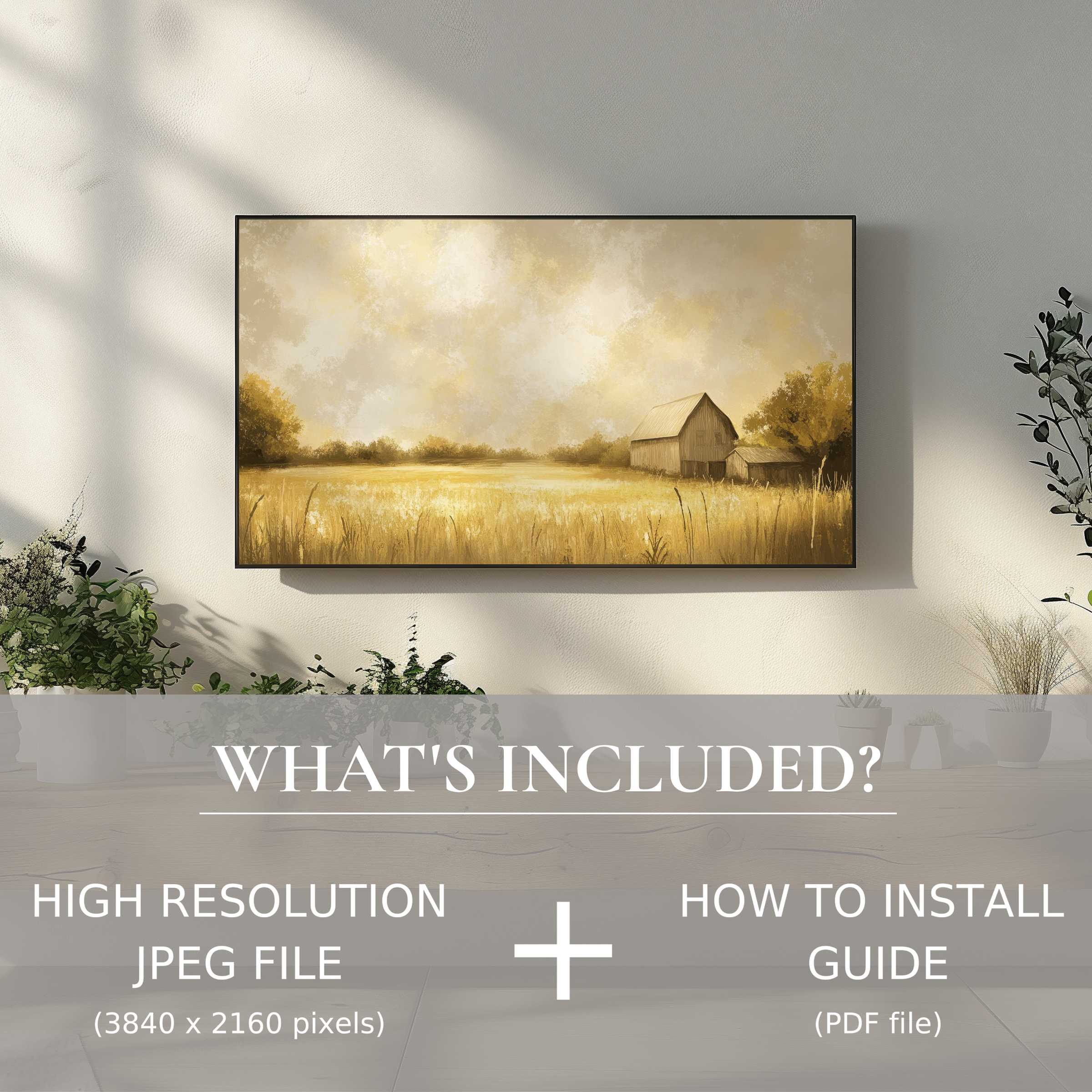 Elegant landscape digital TV art download, easy digital use enhances modern living spaces with warm, serene scenery