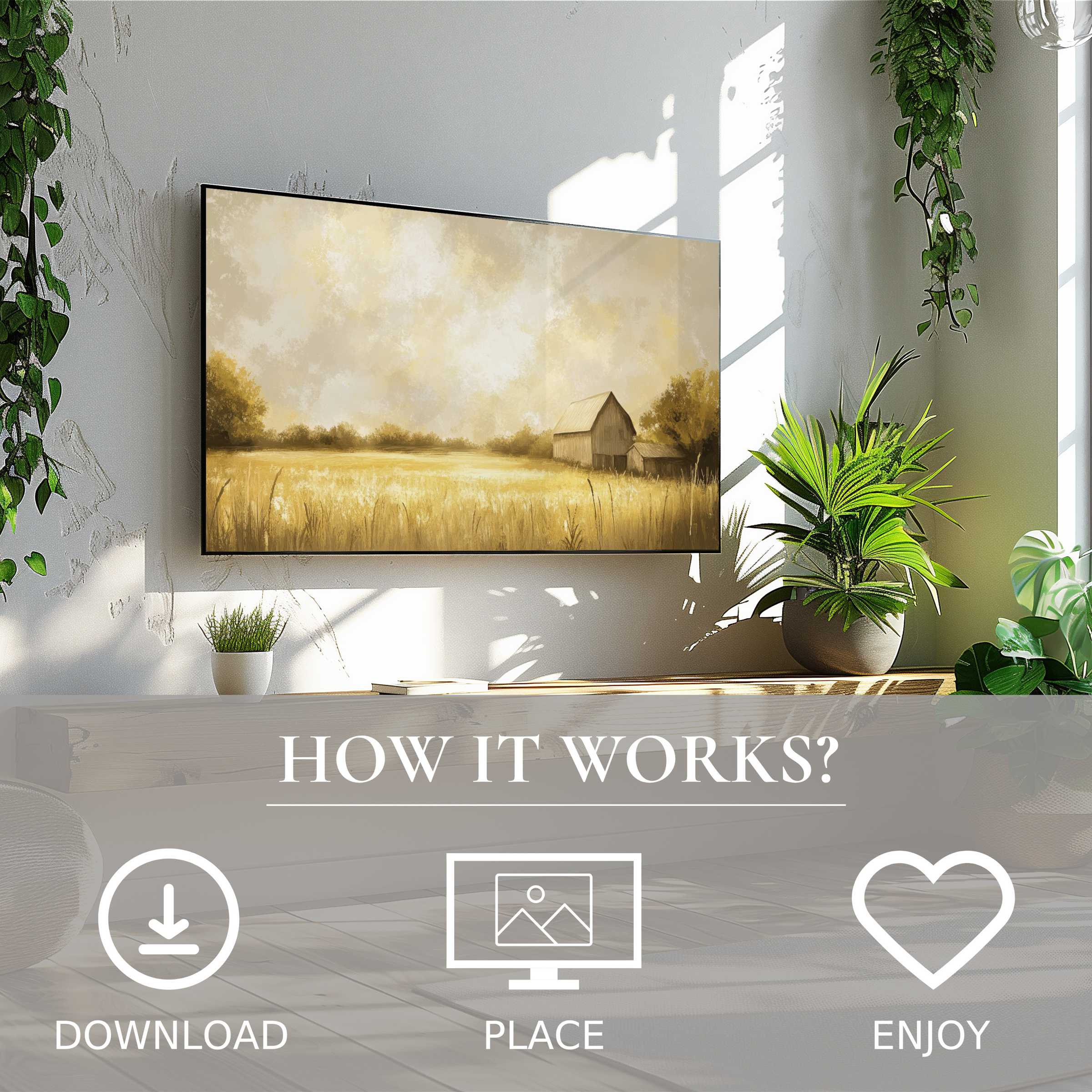 Modern living room with digital landscape art for Samsung TV, warm sepia tones, easy download, elevates your space