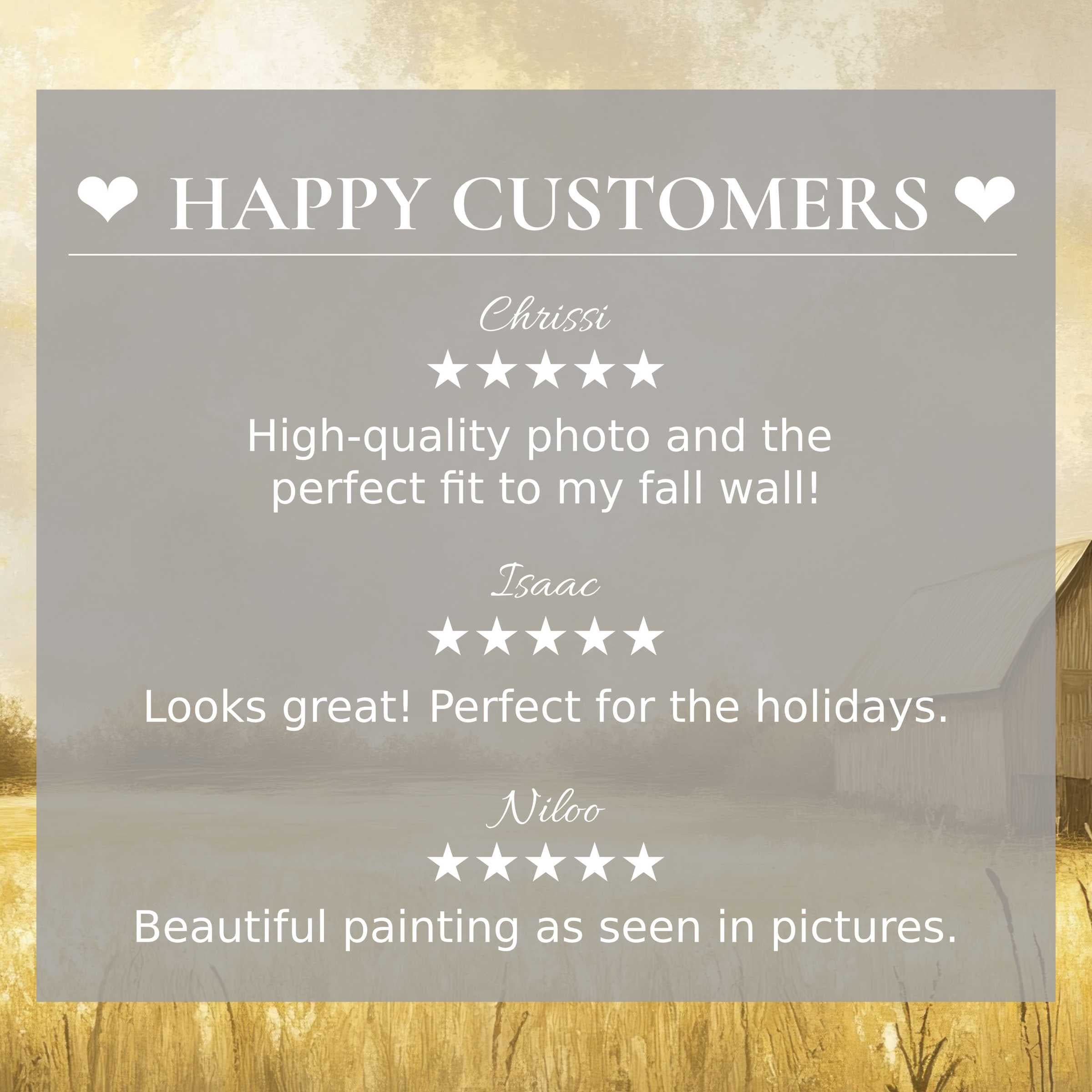 Elegant landscape art for Frame TV with soft gold hues and barn backdrop; layout builds trust featuring happy customer reviews