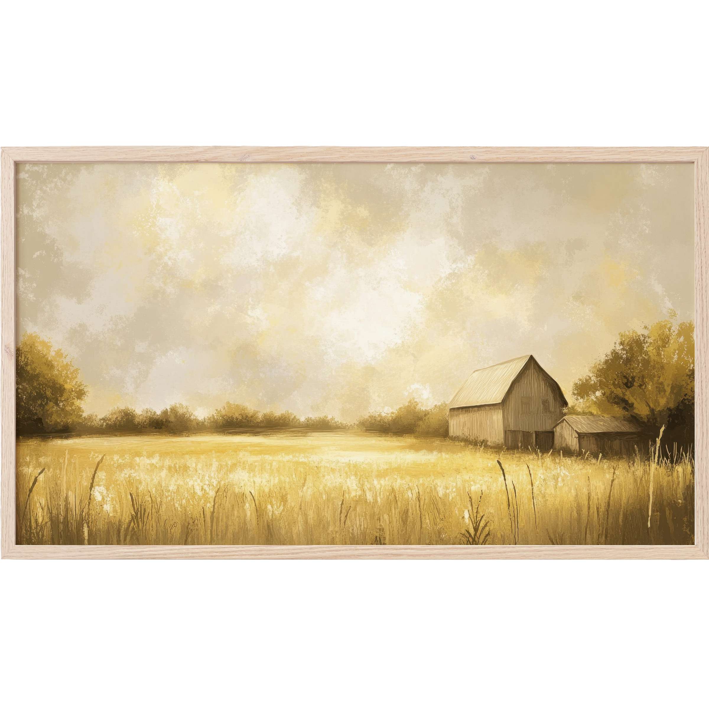 Serene golden fields and rustic barns under a soft sky in a warm, textured landscape Frame TV Art