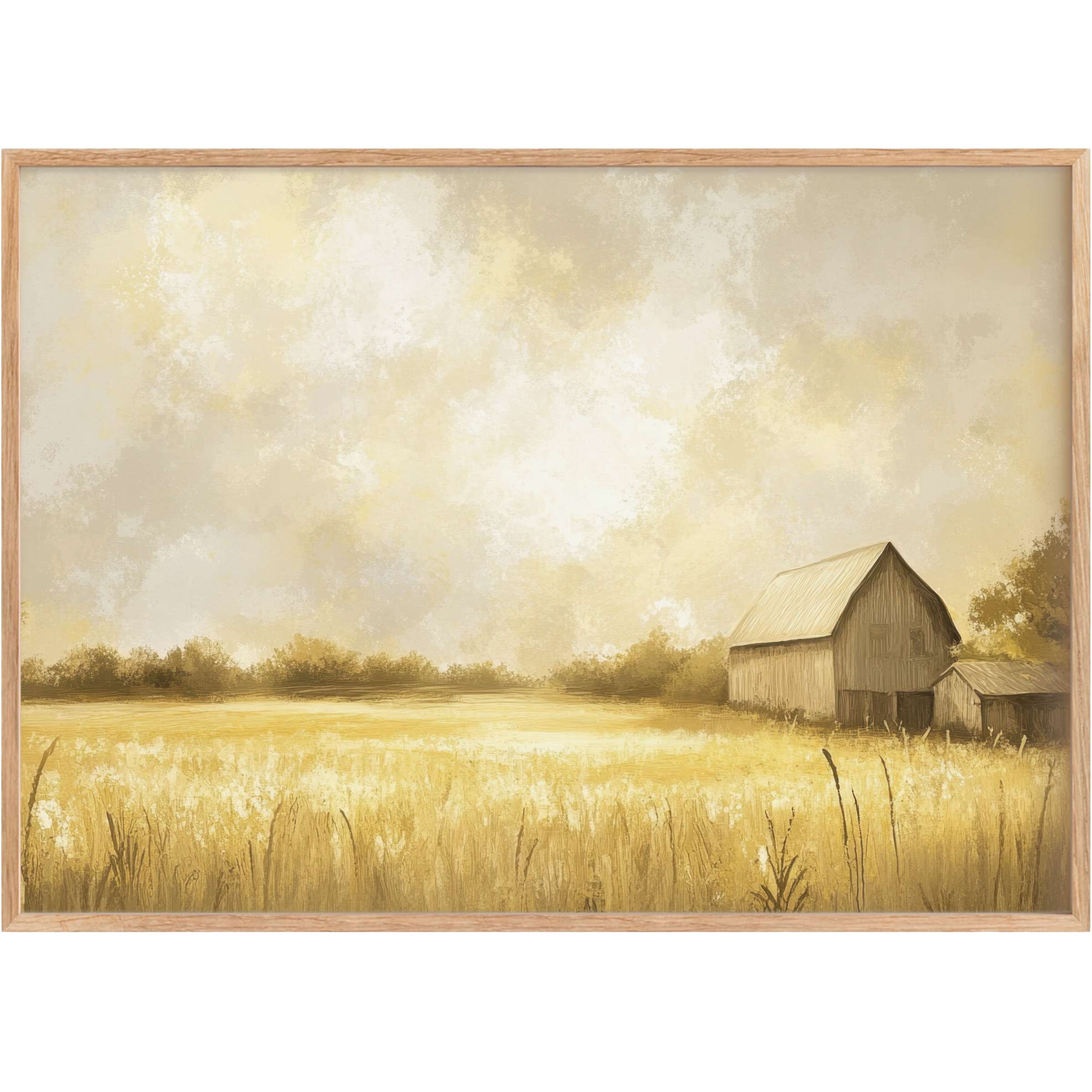 Serene landscape printable wall art with golden fields and a rustic barn, evoking warmth and timeless tranquility