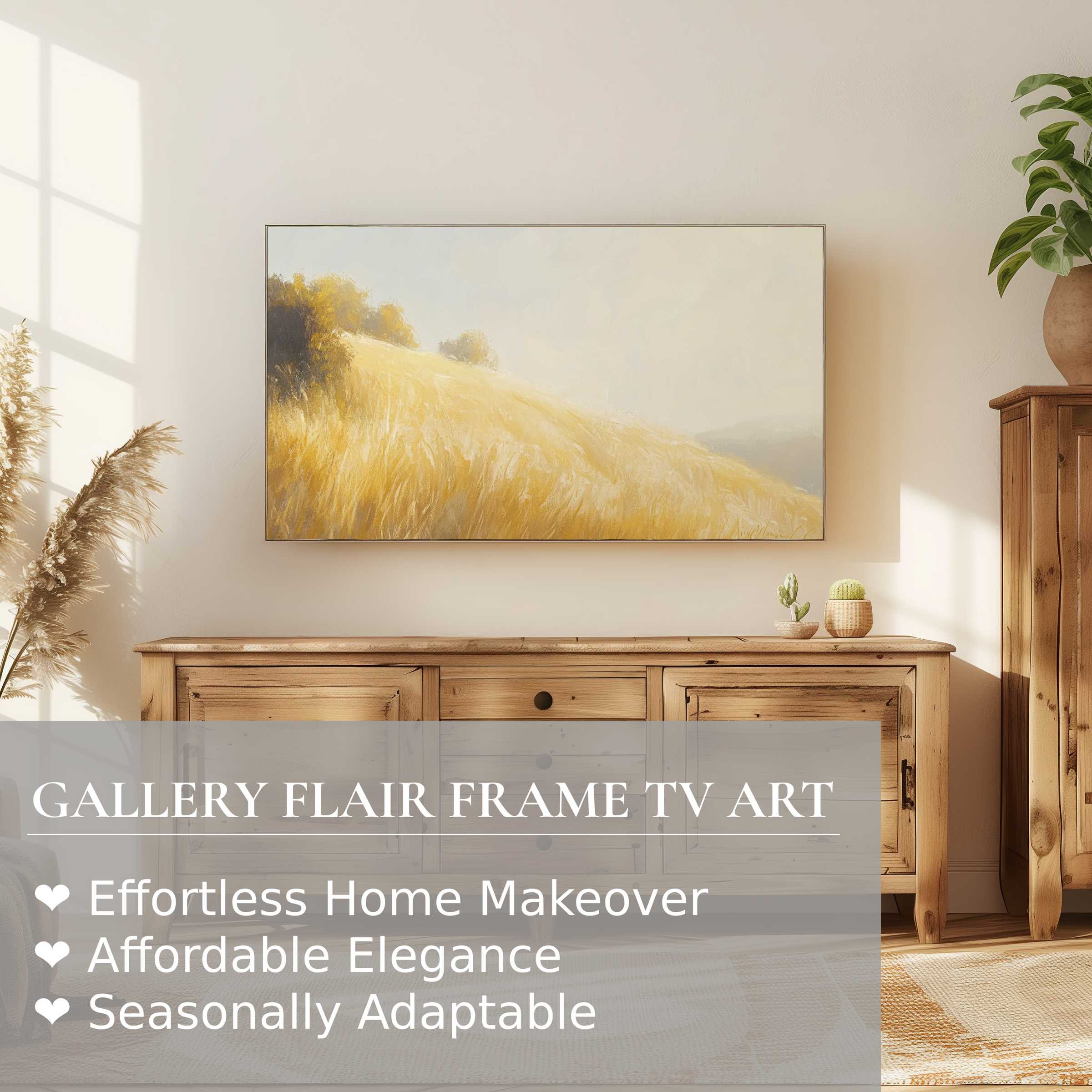 Samsung Frame TV displays warm, textured summer digital artwork in a serene, elegant modern home setting