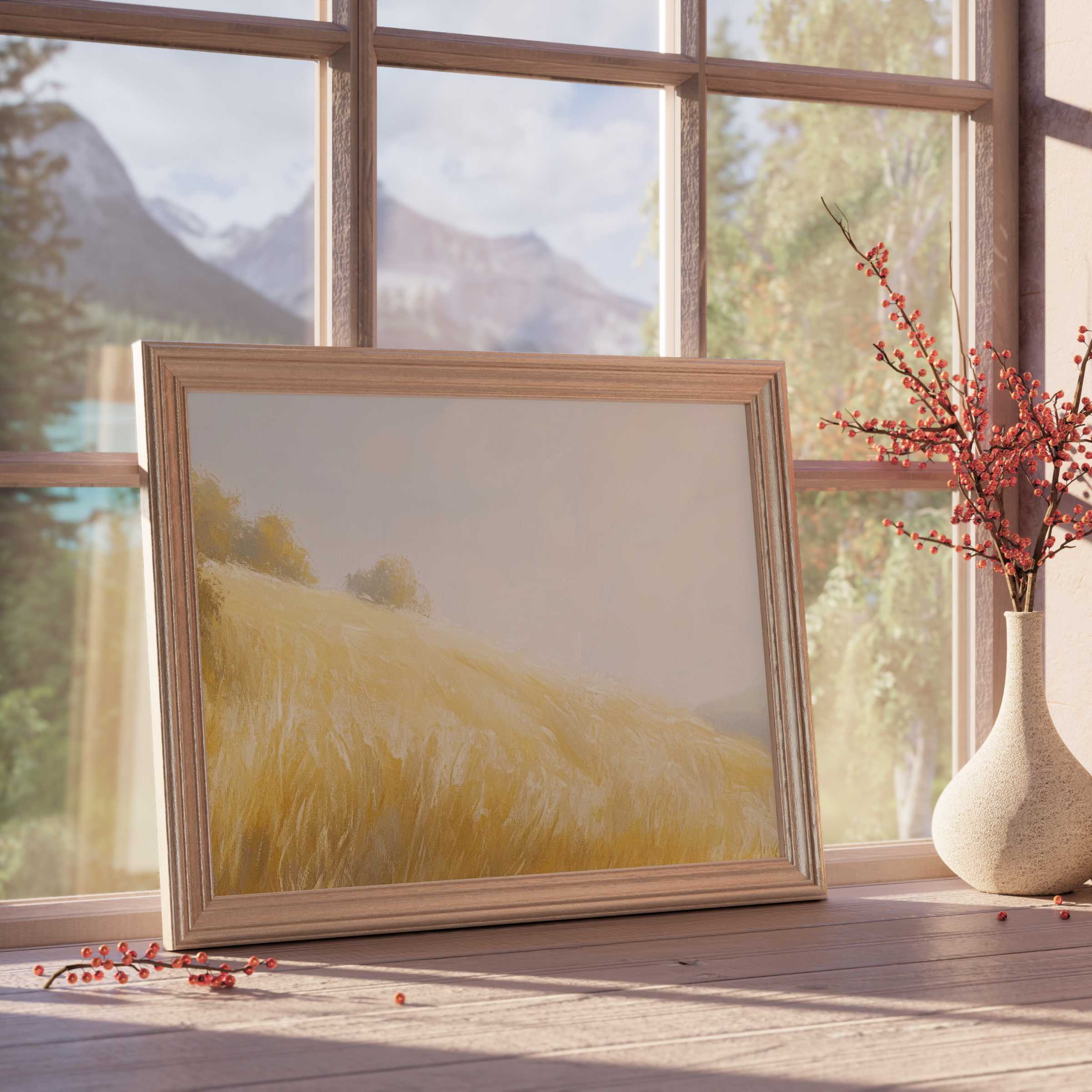Summer downloadable art capturing serene golden fields under soft light, enhancing tranquil, stylish interiors with warm, curated elegance